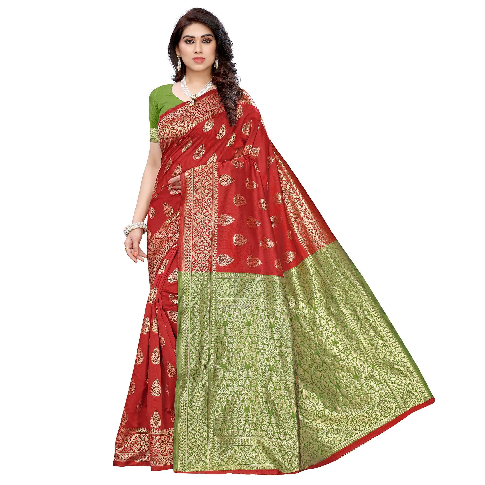 Magnetic Red - Green Colored Festive Wear Woven Jacquard Saree - Peachmode