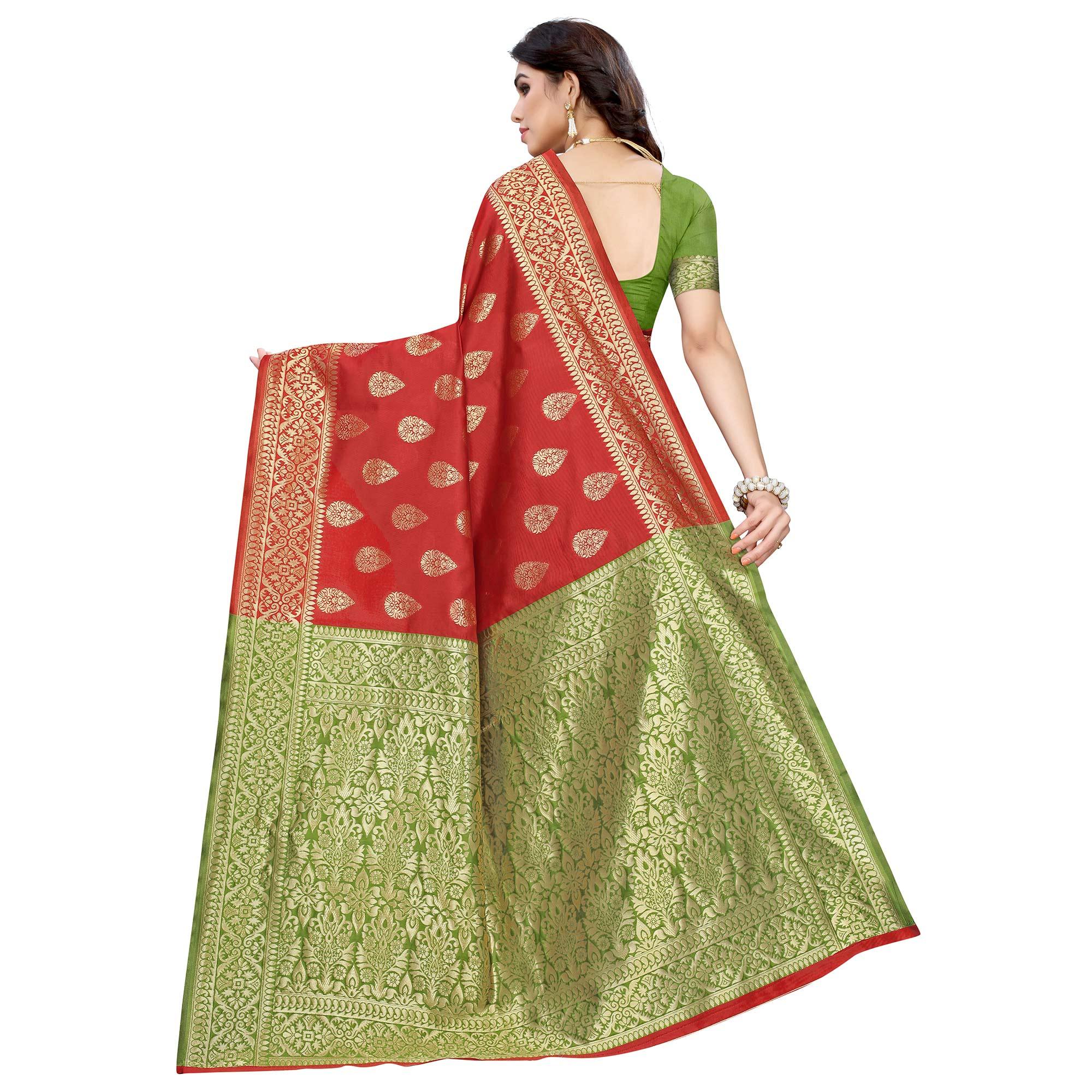 Magnetic Red - Green Colored Festive Wear Woven Jacquard Saree - Peachmode