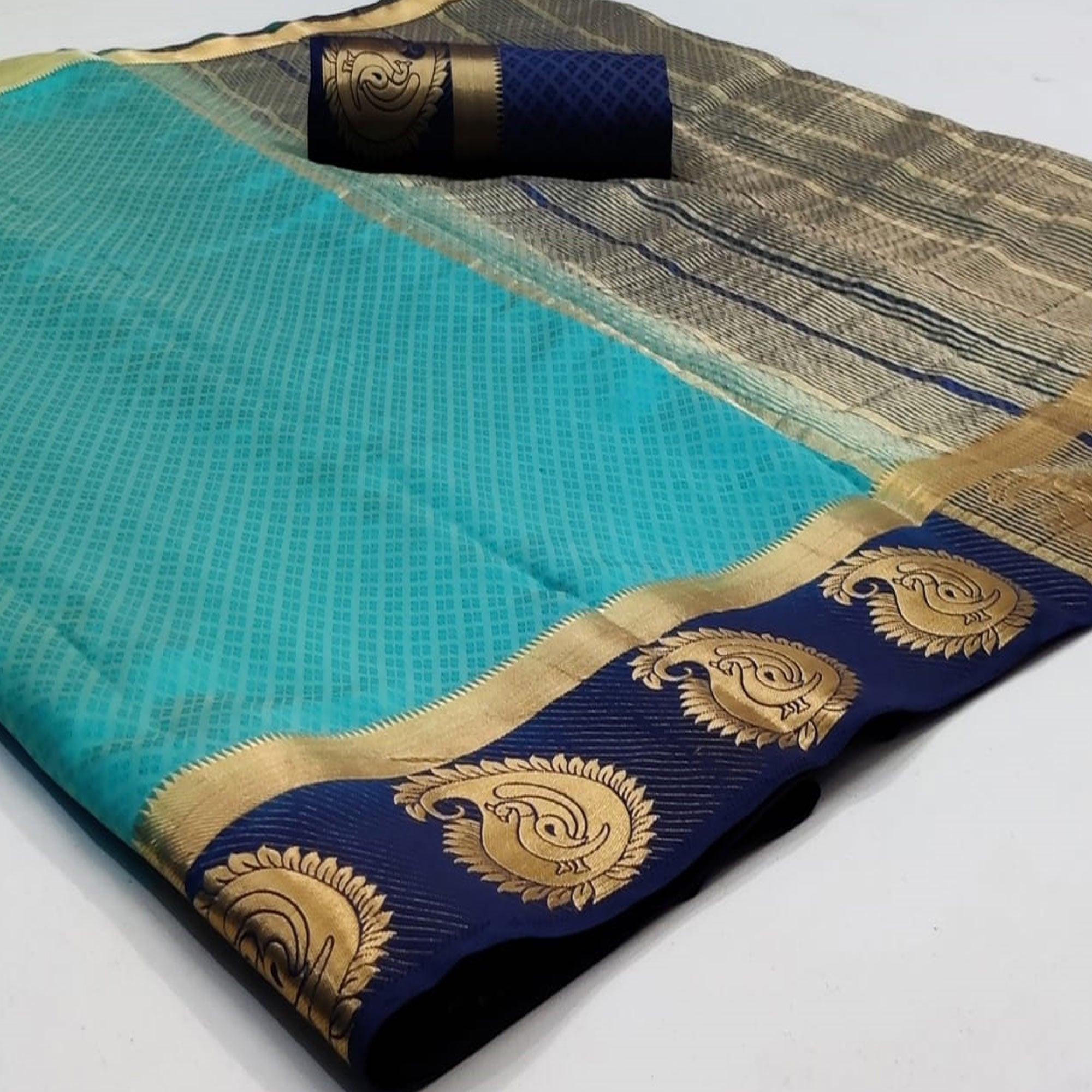 Magnetic Turquoise Coloured Festive Wear Woven Art Silk Saree - Peachmode