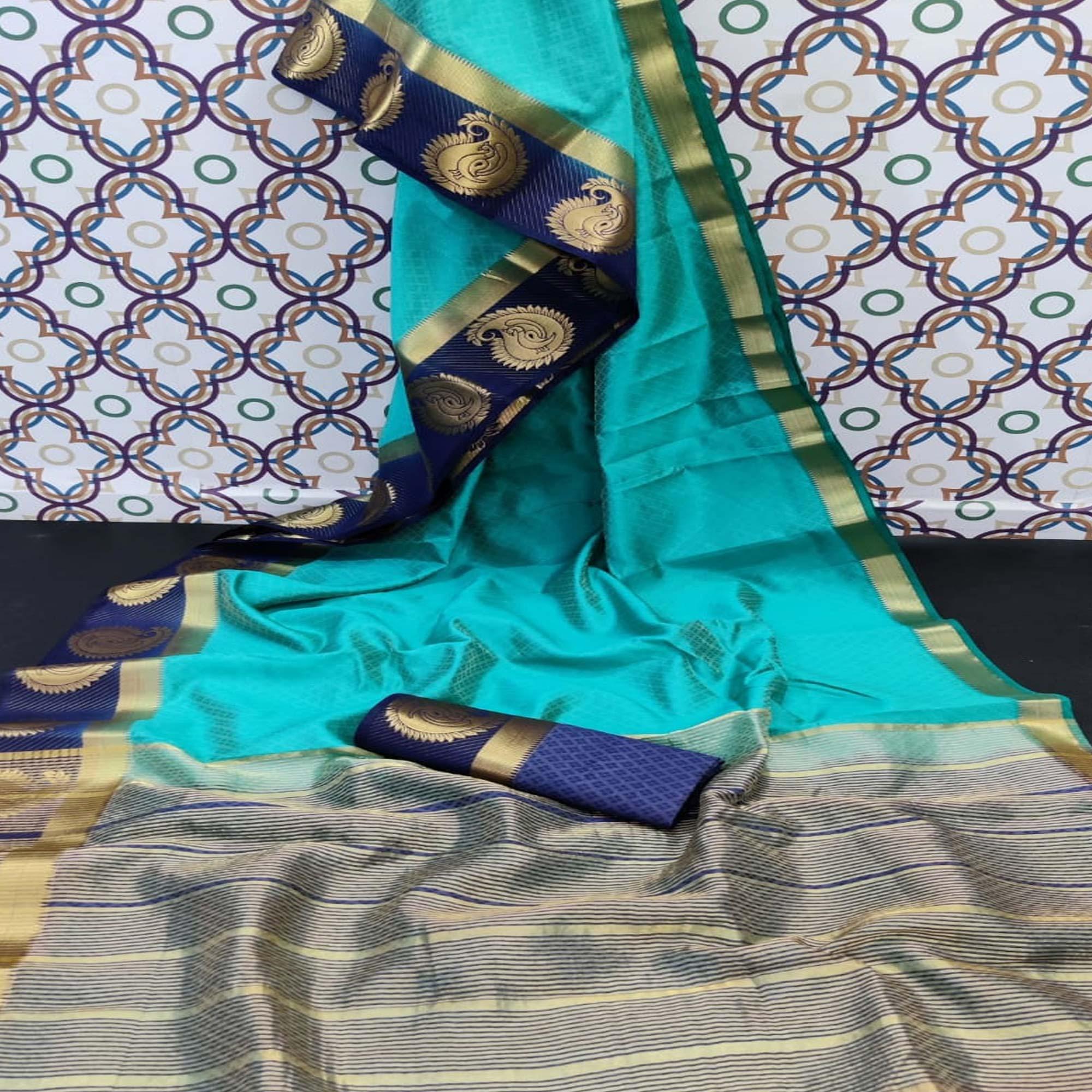 Magnetic Turquoise Coloured Festive Wear Woven Art Silk Saree - Peachmode