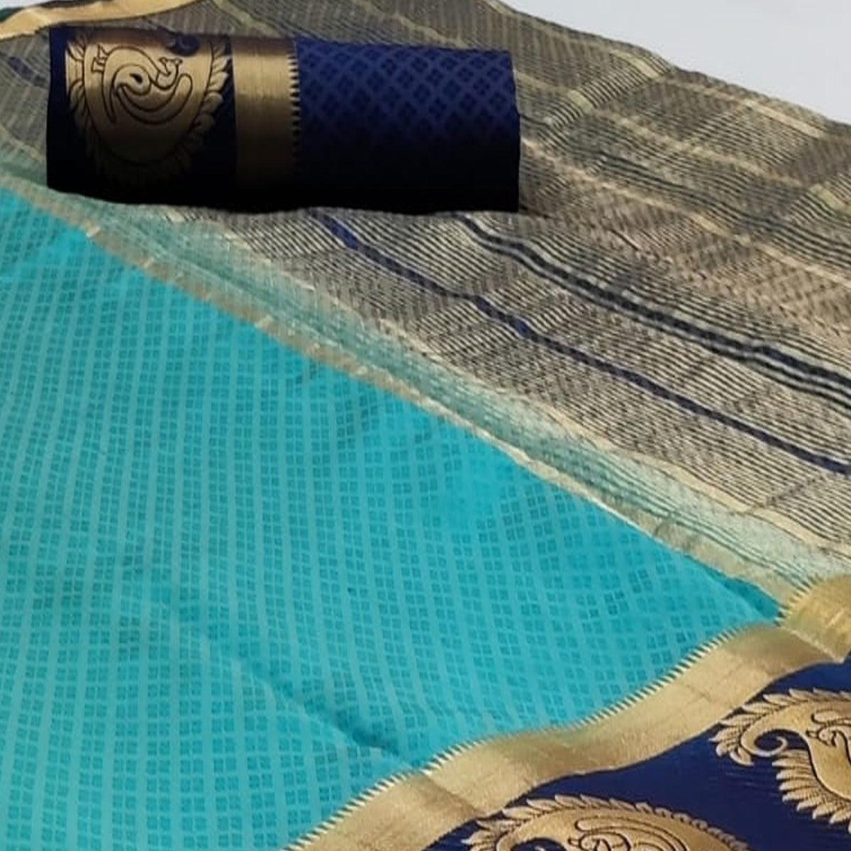 Magnetic Turquoise Coloured Festive Wear Woven Art Silk Saree - Peachmode