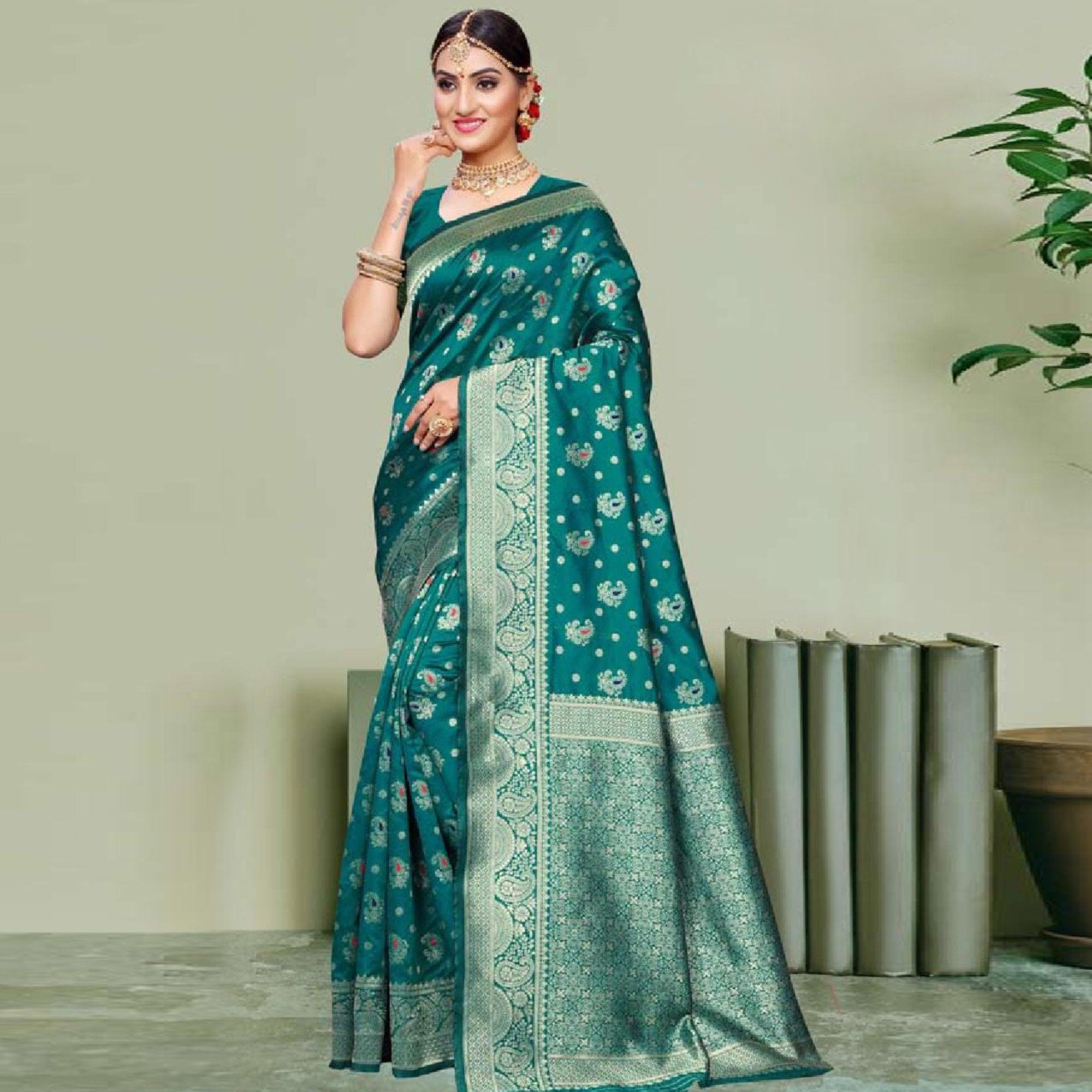 Magnetic Turquoise Green Colored Festive Wear Woven Art Silk Saree - Peachmode