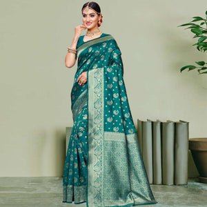 Magnetic Turquoise Green Colored Festive Wear Woven Art Silk Saree - Peachmode
