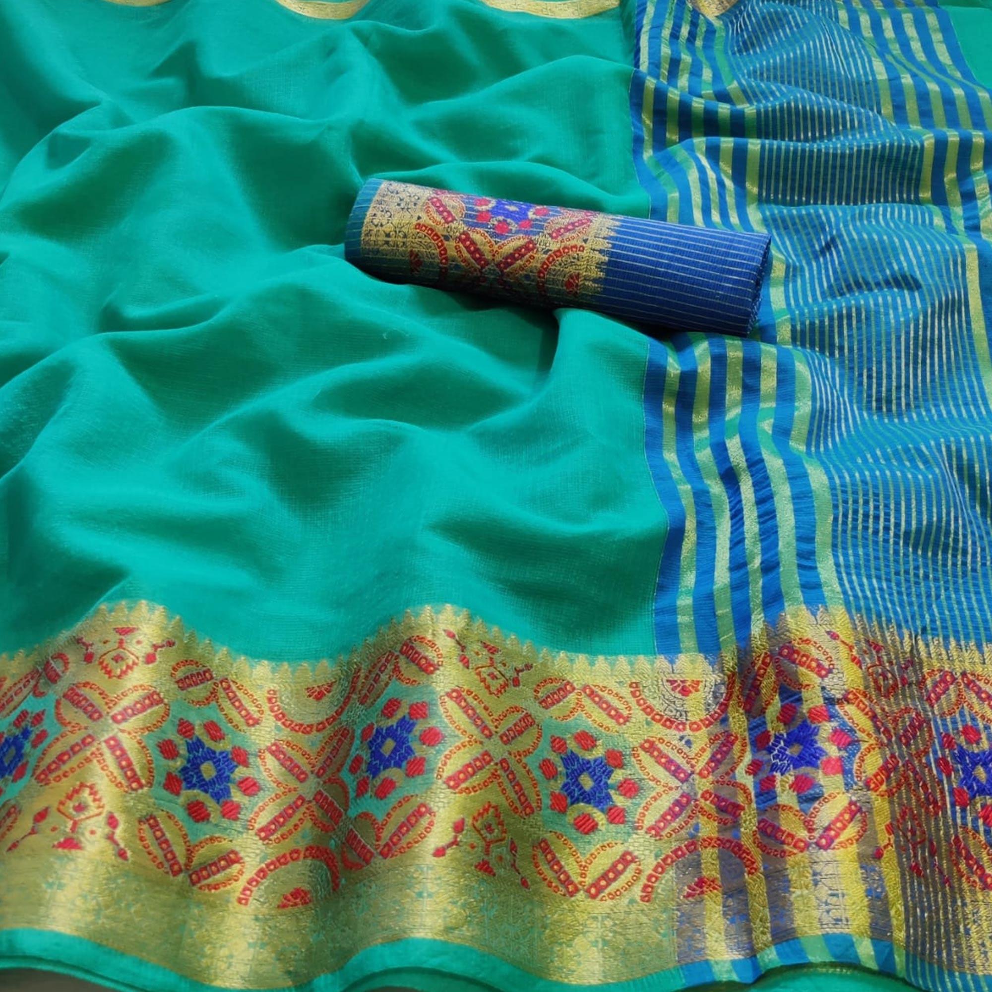 Magnetic Turquoise Green Colored Festive Wear Woven Silk Saree - Peachmode