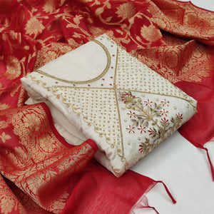 Magnetic White Colored Festive Wear Embroidered Modal Chanderi Dress Material - Peachmode