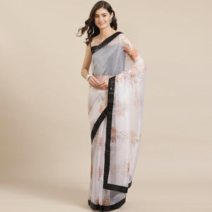 Magnetic White Coloured Partywear Floral Printed Sequence Organza Saree - Peachmode