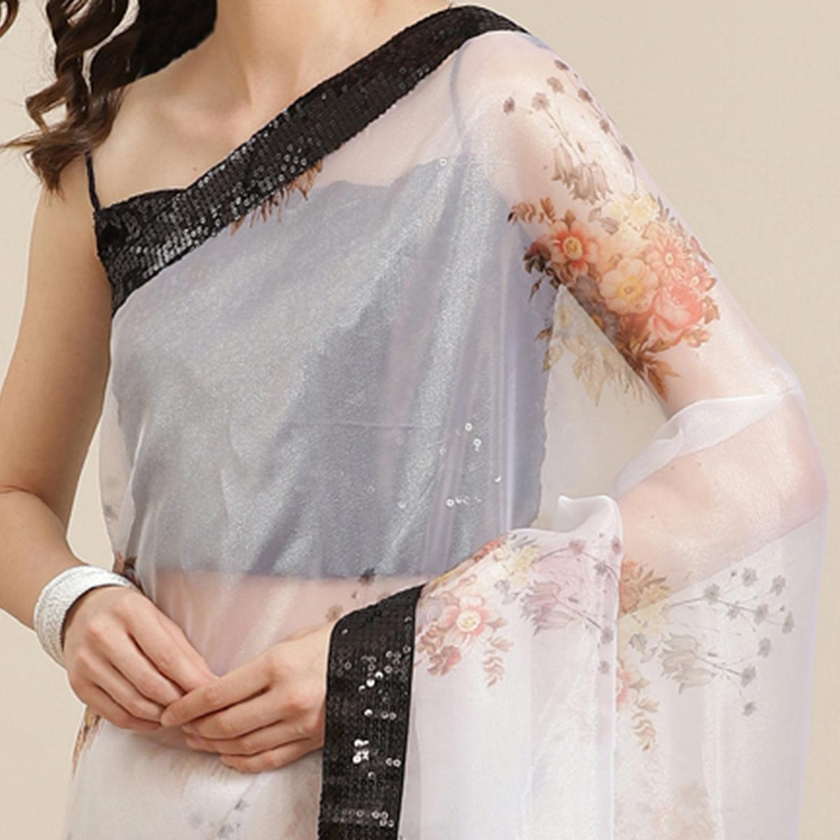 Magnetic White Coloured Partywear Floral Printed Sequence Organza Saree - Peachmode