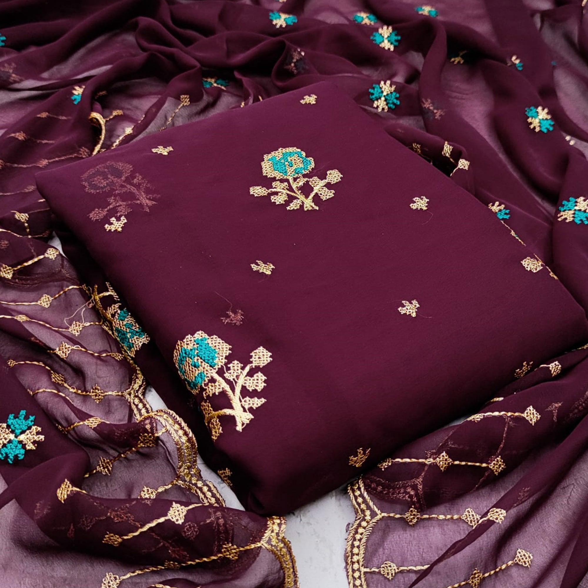 Magnetic Wine Colored Casual Wear Embroidered Georgette Dress Material - Peachmode