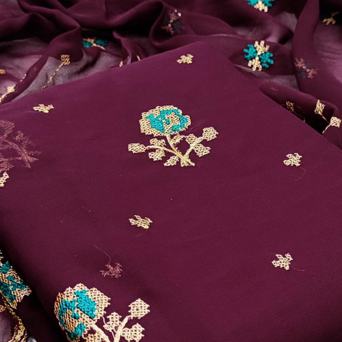 Magnetic Wine Colored Casual Wear Embroidered Georgette Dress Material - Peachmode