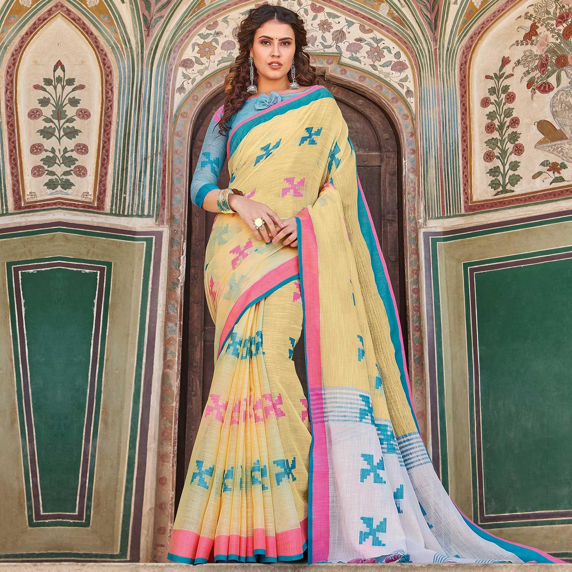 Magnetic Yellow Colored Casual Printed Linen Cotton Saree With Tassels - Peachmode