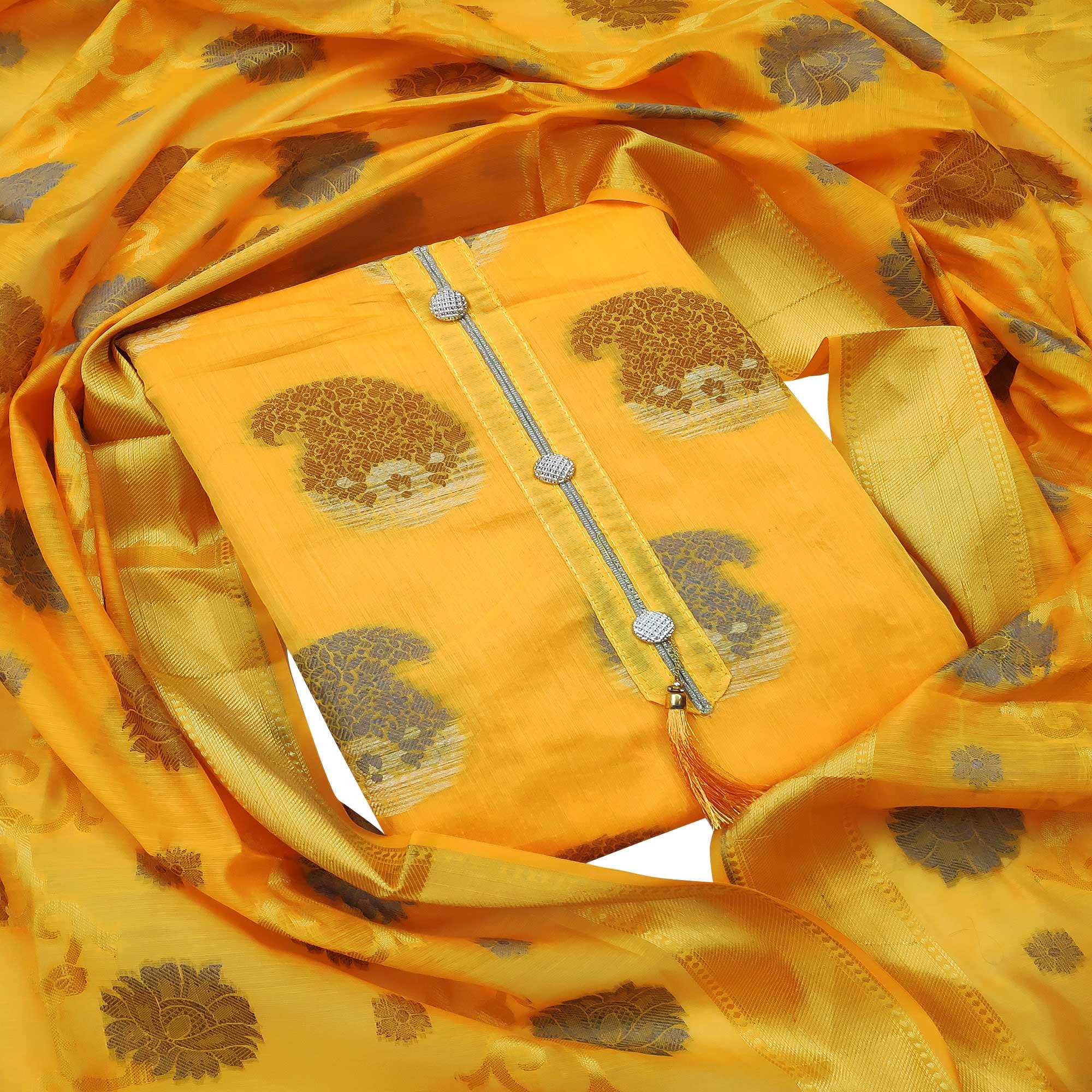 Magnetic Yellow Colored Festive Wear Woven Heavy Banarasi Silk Dress Material - Peachmode
