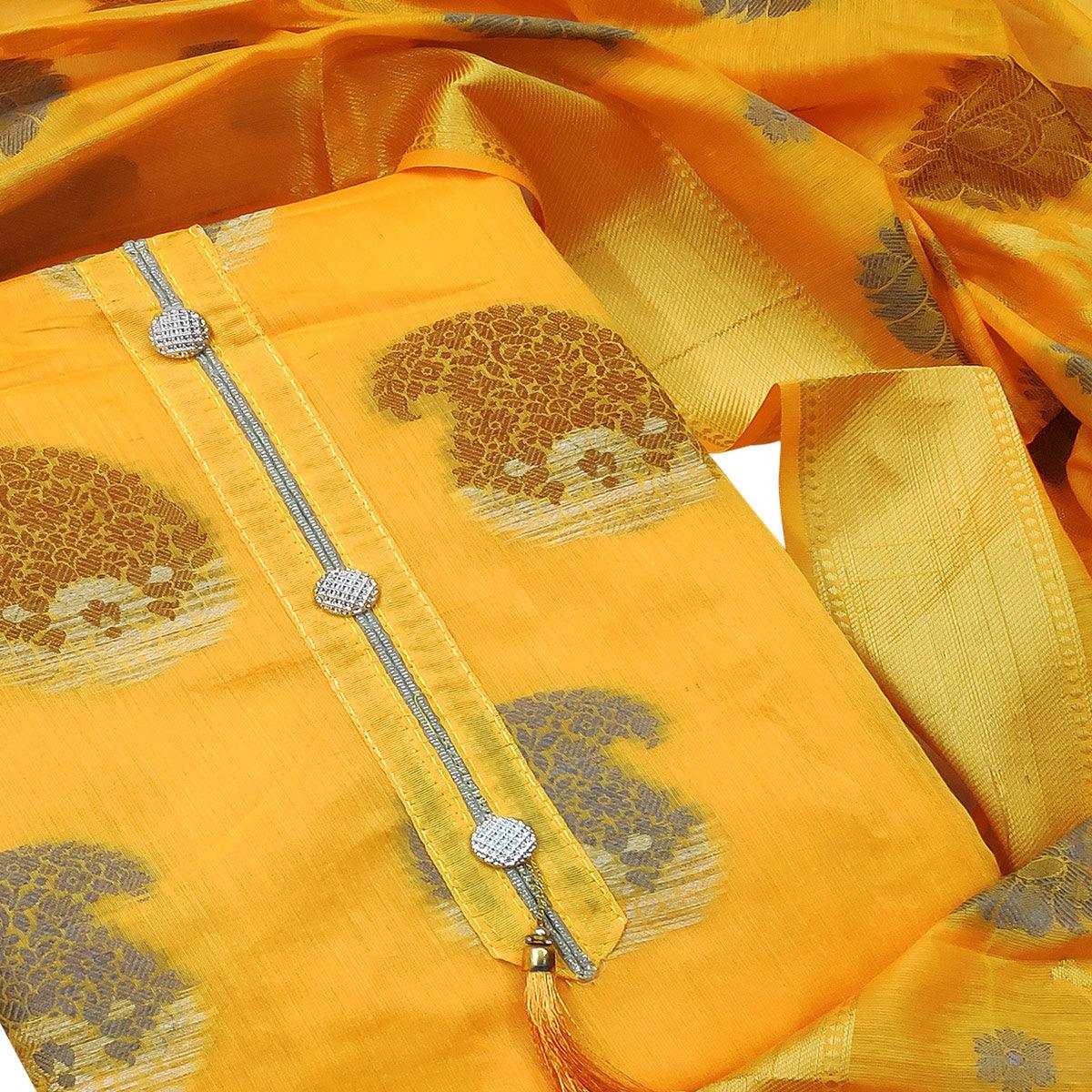 Magnetic Yellow Colored Festive Wear Woven Heavy Banarasi Silk Dress Material - Peachmode
