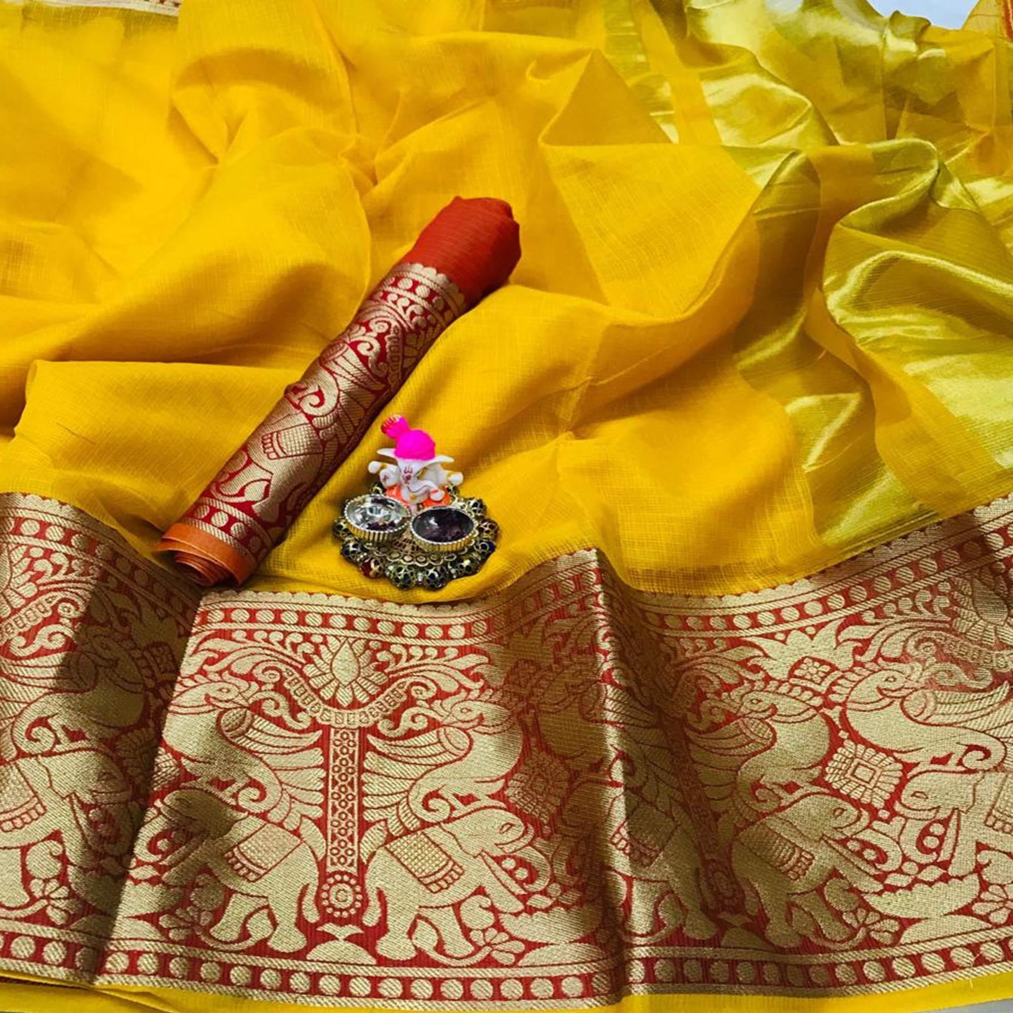 Magnetic Yellow Colored Festive Wear Woven Heavy Cotton Saree - Peachmode