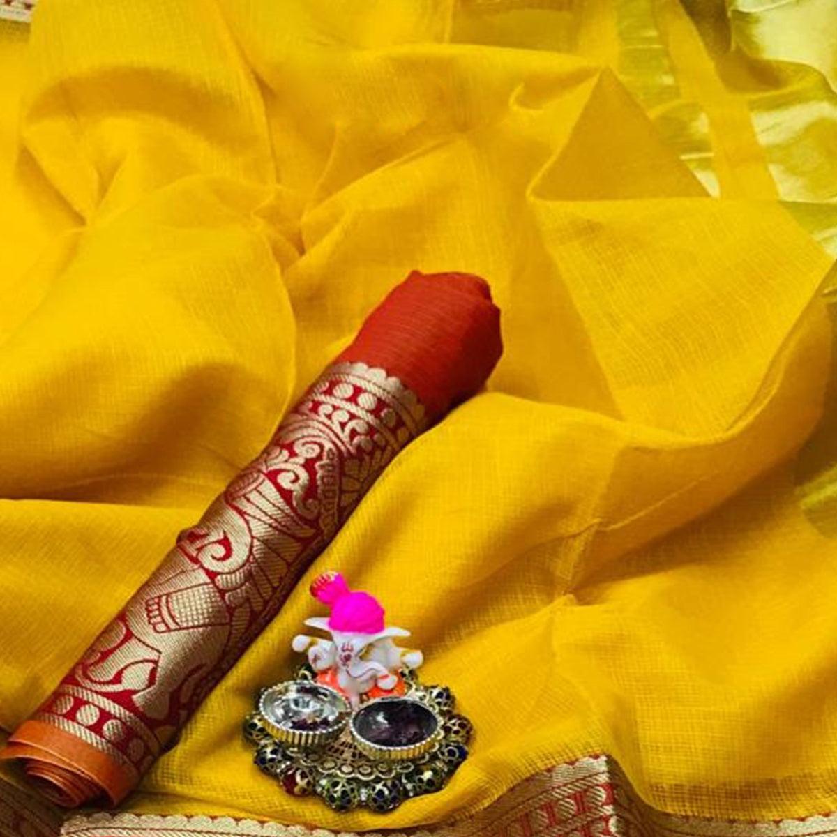 Magnetic Yellow Colored Festive Wear Woven Heavy Cotton Saree - Peachmode