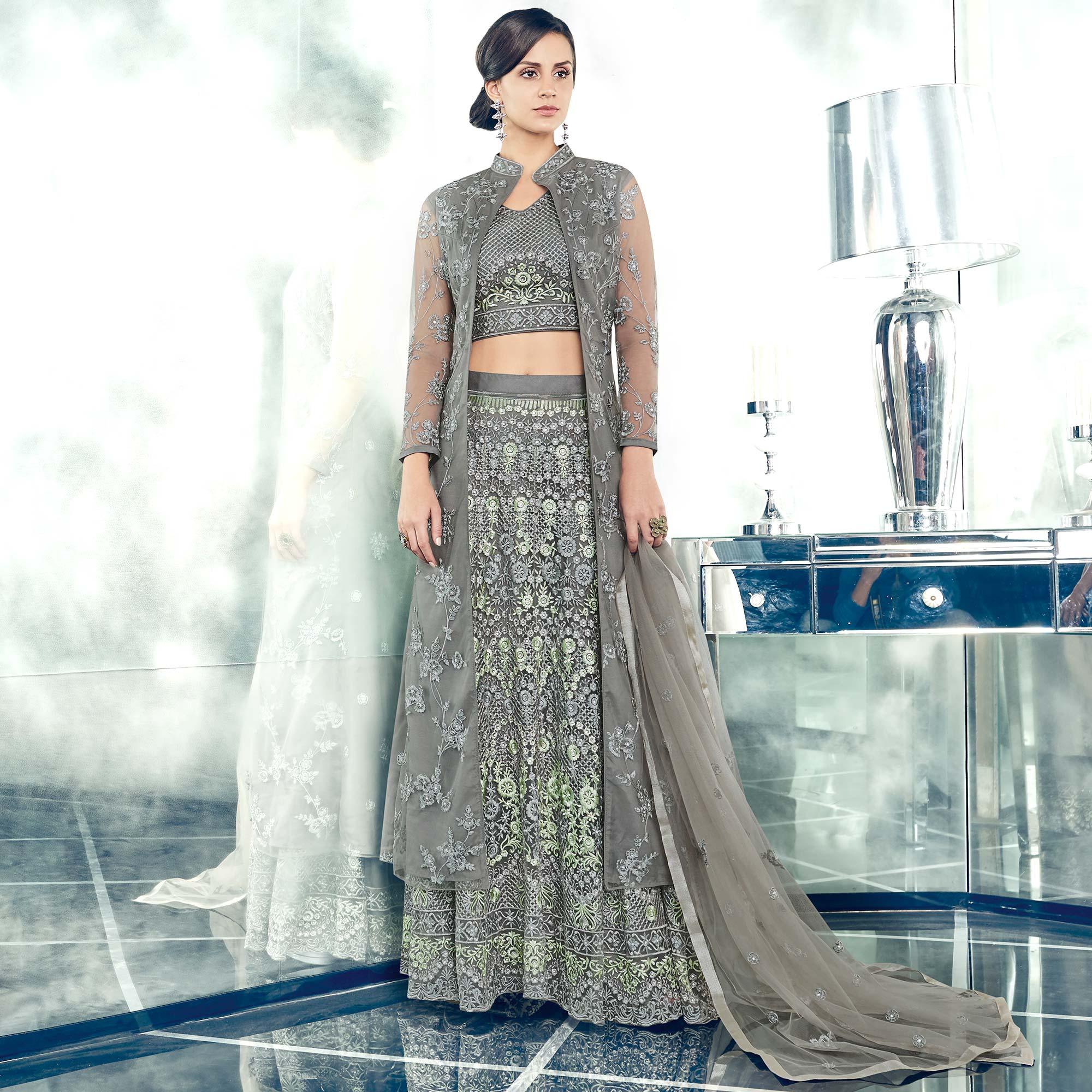 Majestic Gray Colored Partywear Designer Embroidered Net Anarkali Suit - Peachmode