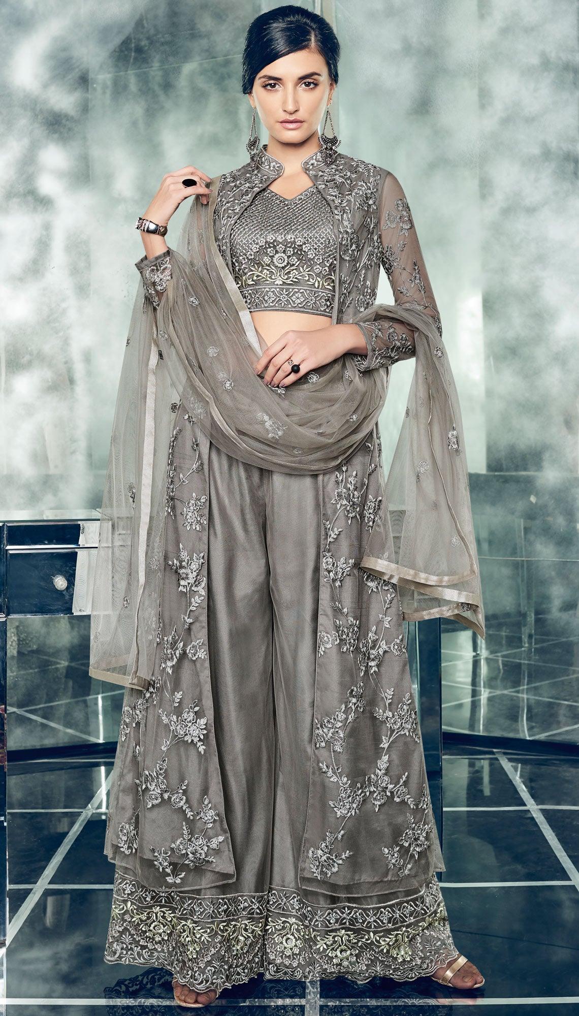 Majestic Gray Colored Partywear Designer Embroidered Net Anarkali Suit - Peachmode