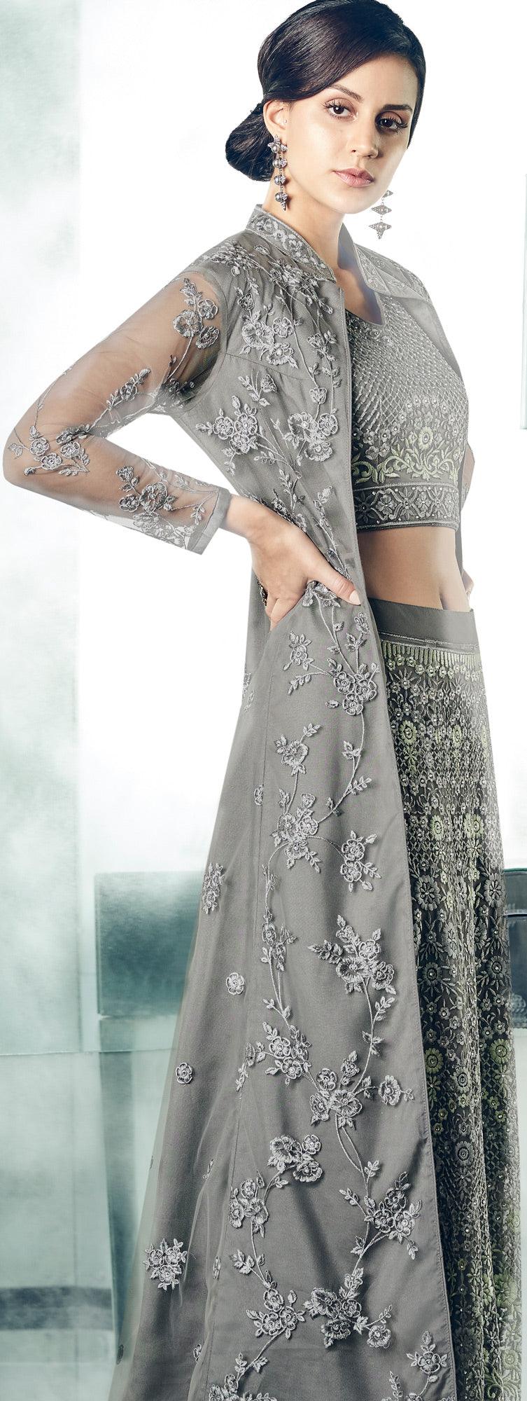 Majestic Gray Colored Partywear Designer Embroidered Net Anarkali Suit - Peachmode