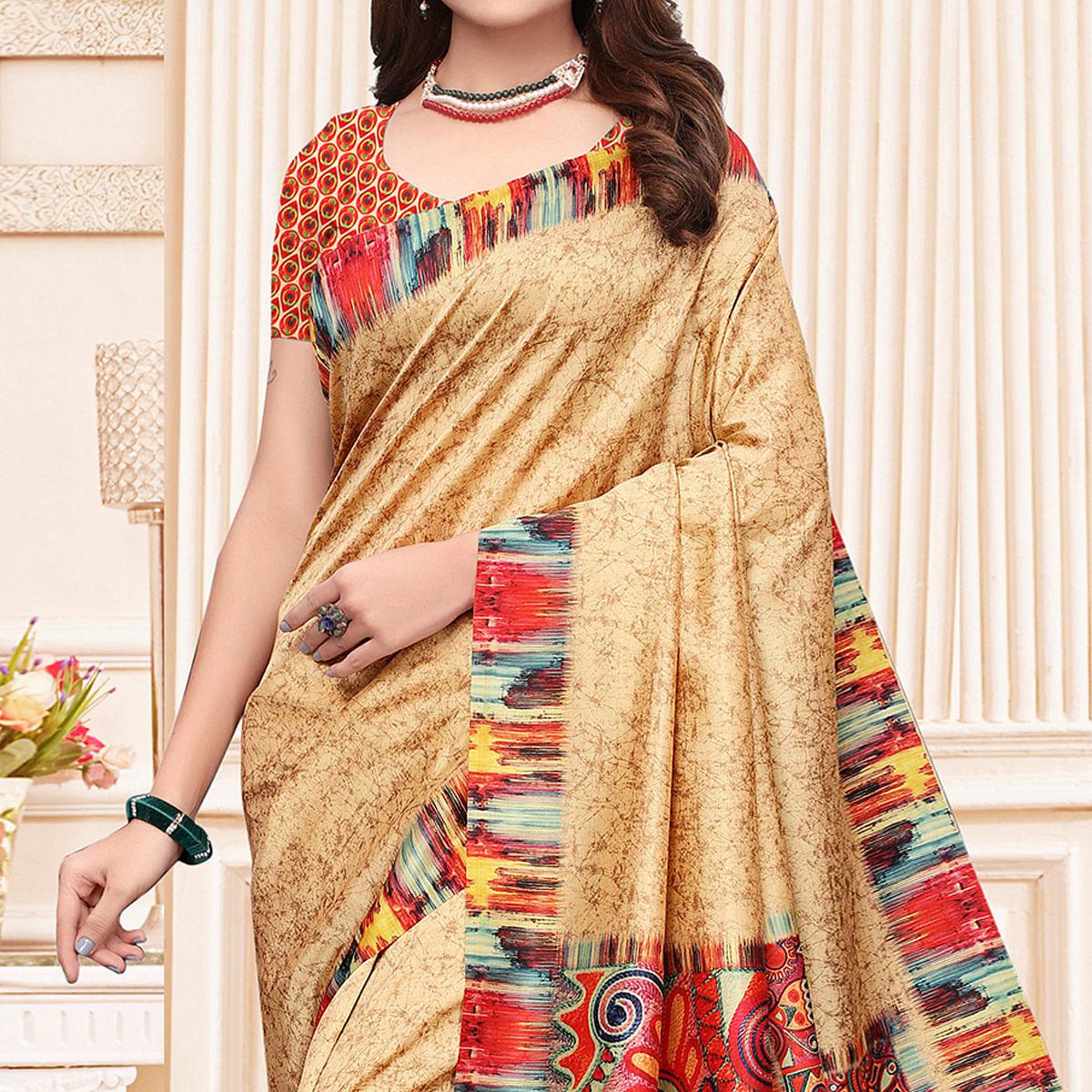 Majesty Beige Colored Casual Printed Silk Saree - Peachmode