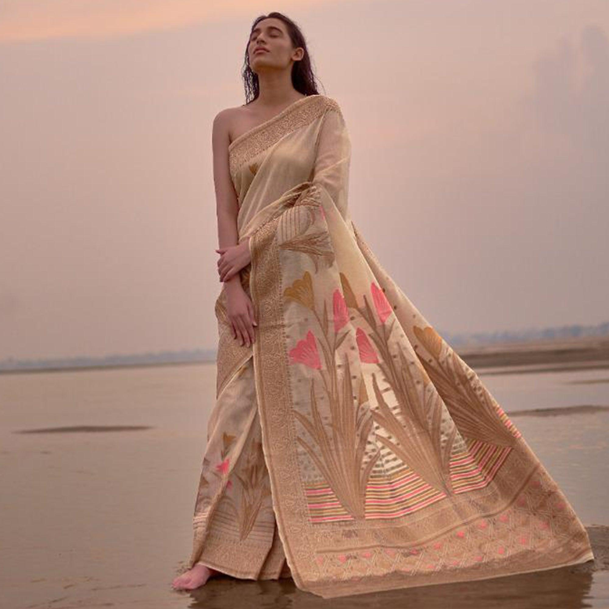 Majesty Beige Colored Festive Wear Woven Pure Linen Silk Saree - Peachmode
