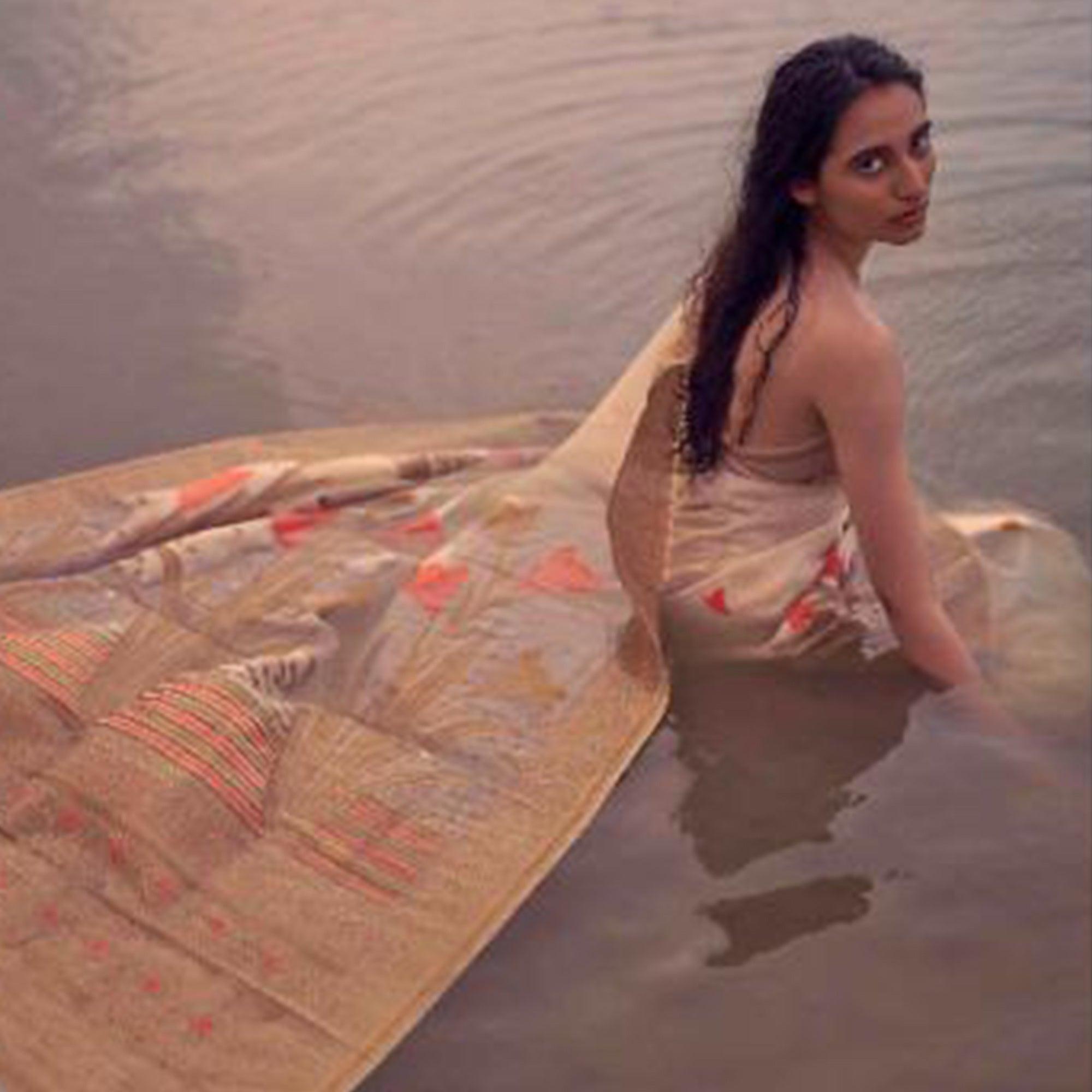 Majesty Beige Colored Festive Wear Woven Pure Linen Silk Saree - Peachmode