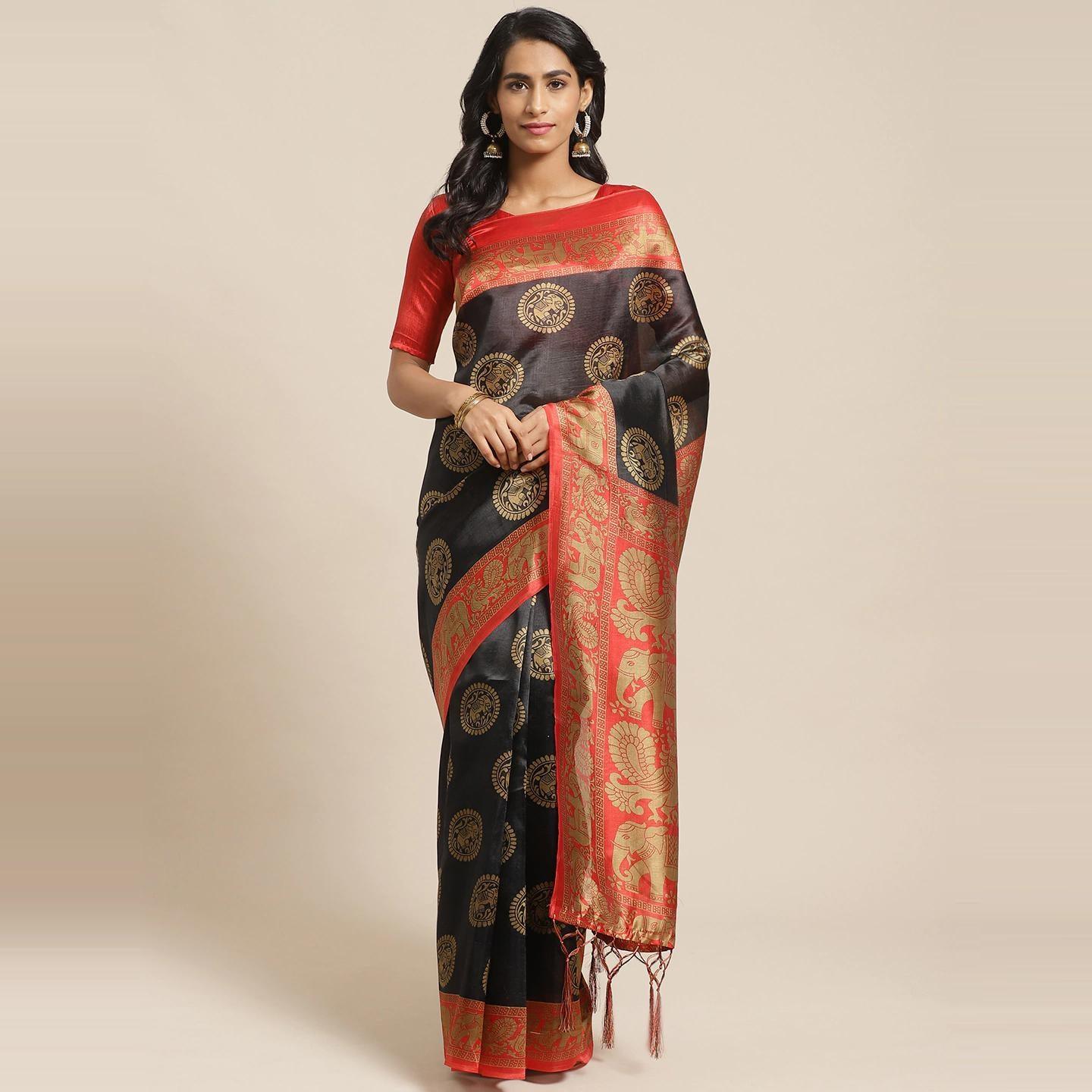 Majesty Black Colored Casual Wear Printed Art Silk Saree - Peachmode