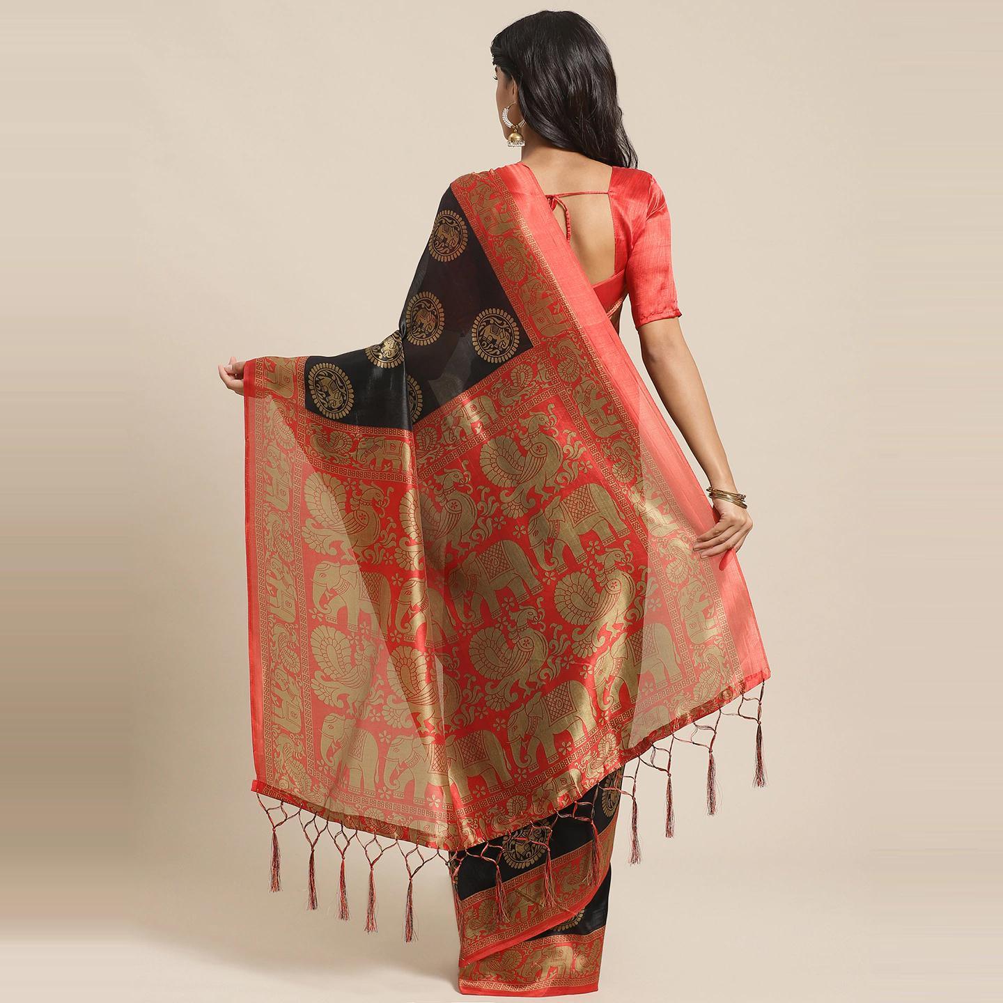 Majesty Black Colored Casual Wear Printed Art Silk Saree - Peachmode