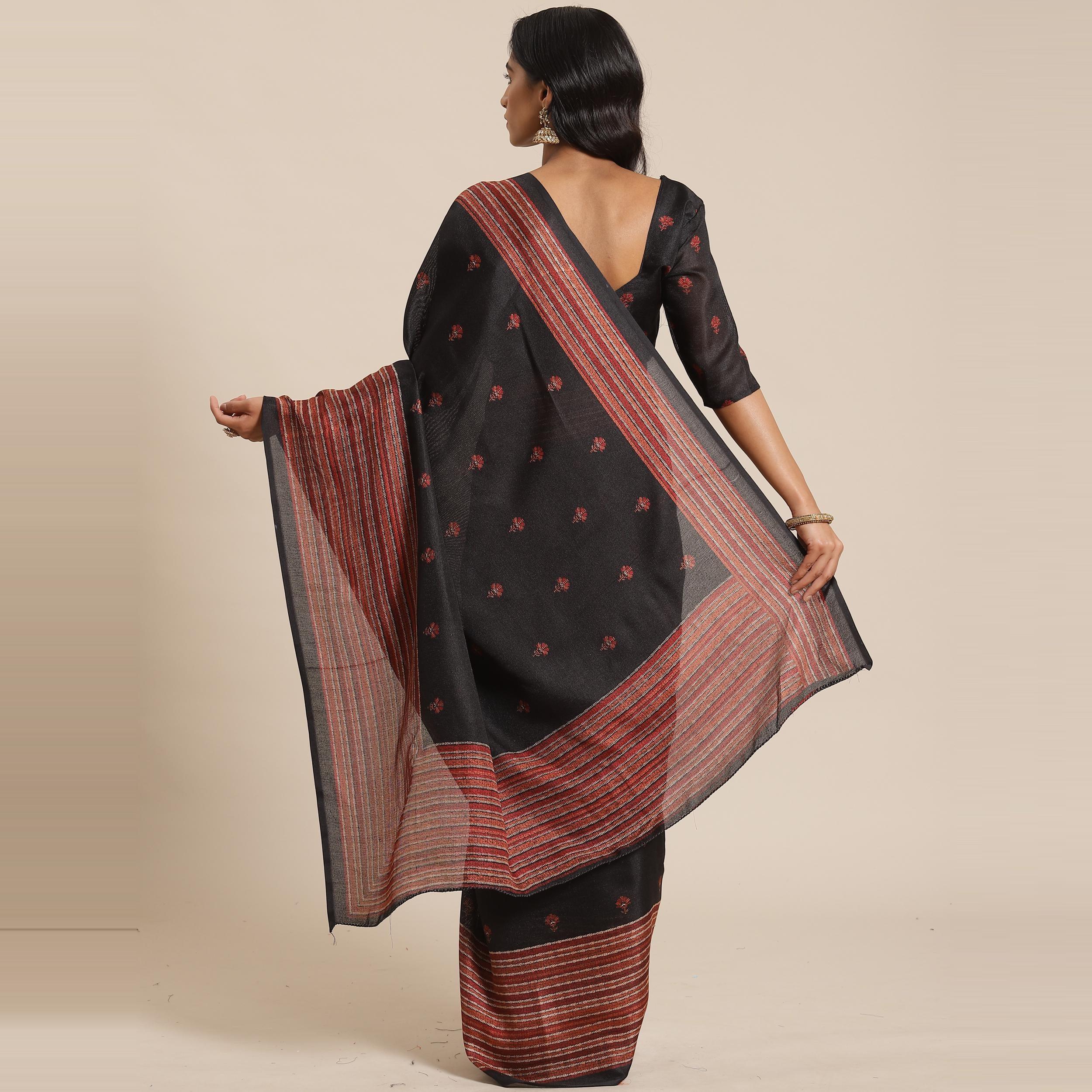 Majesty Black Colored Casual Wear Printed Jute Silk Saree - Peachmode
