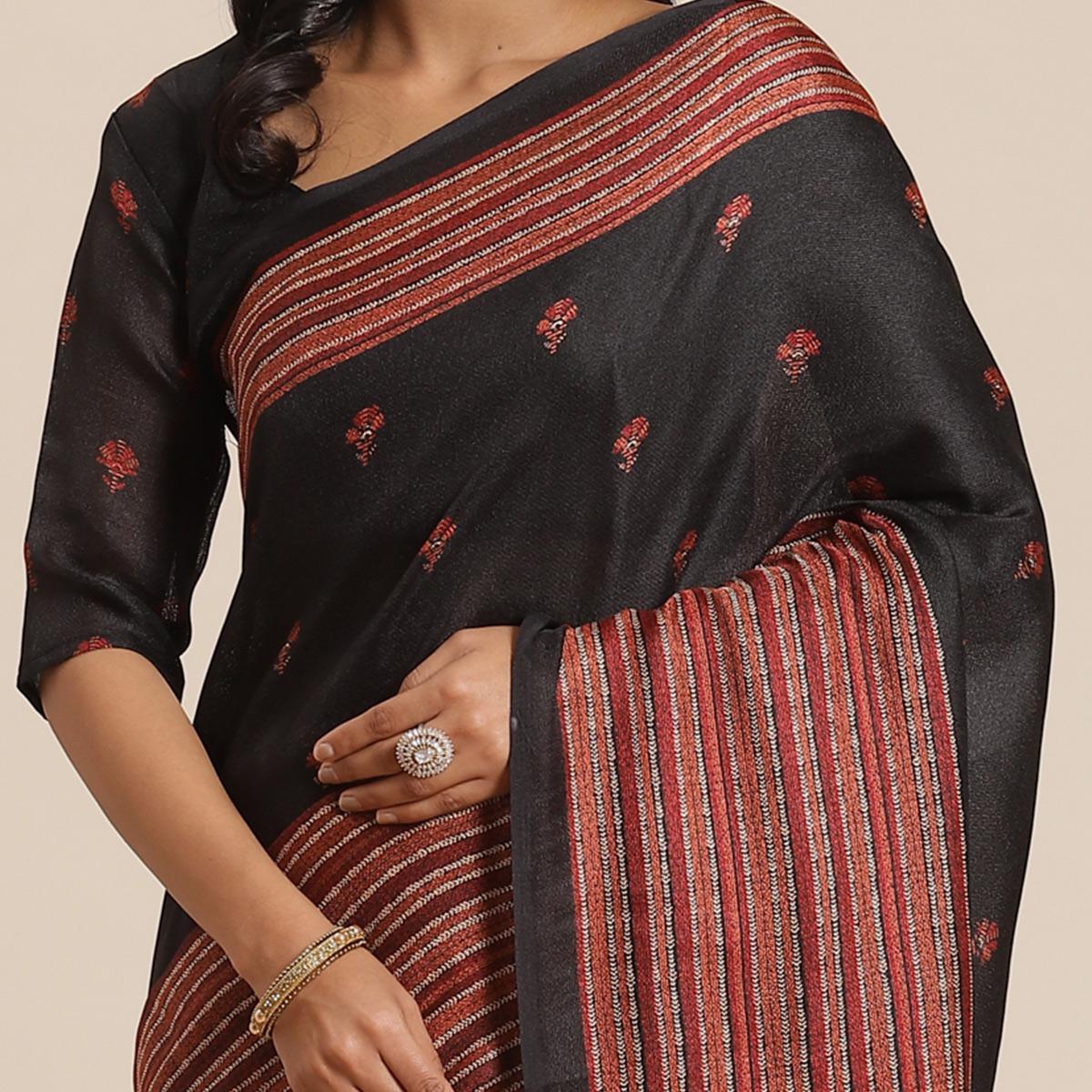 Majesty Black Colored Casual Wear Printed Jute Silk Saree - Peachmode