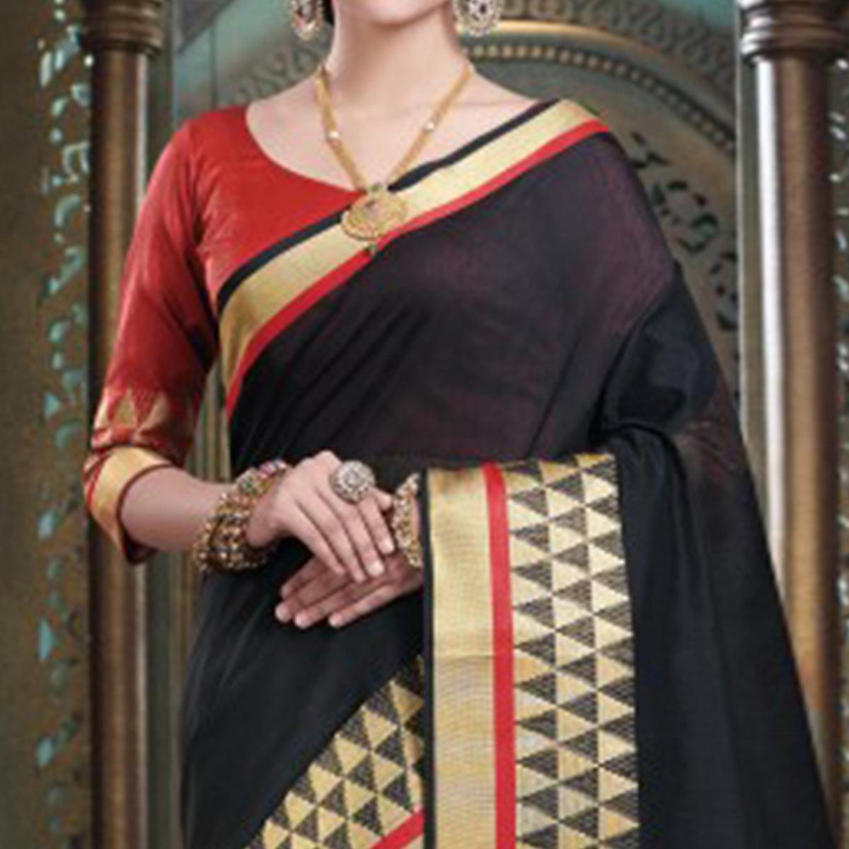 Majesty Black Colored Festive Wear Woven Cotton Handloom Saree - Peachmode
