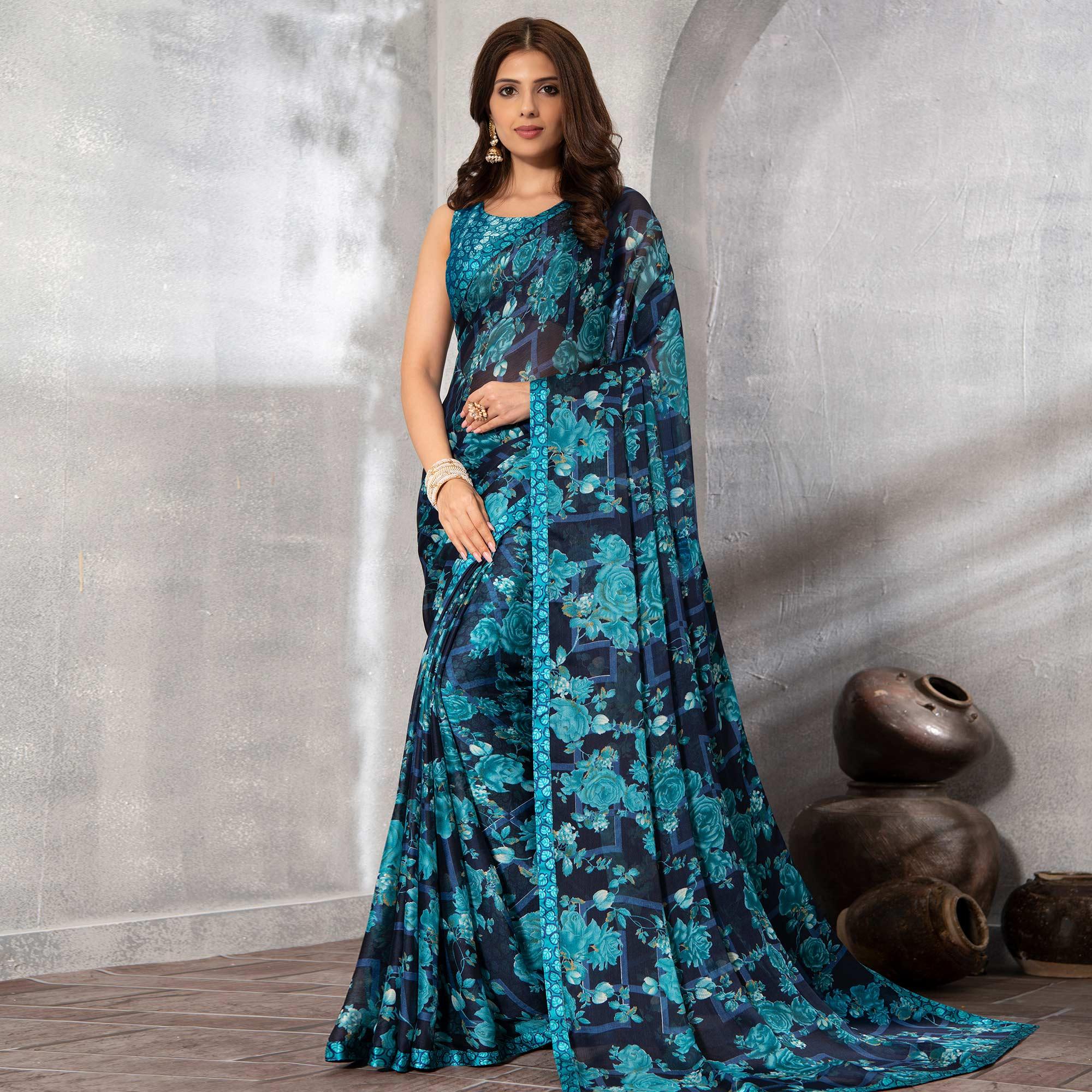Majesty Blue Colored Casual Floral Printed Chiffon Saree - Peachmode