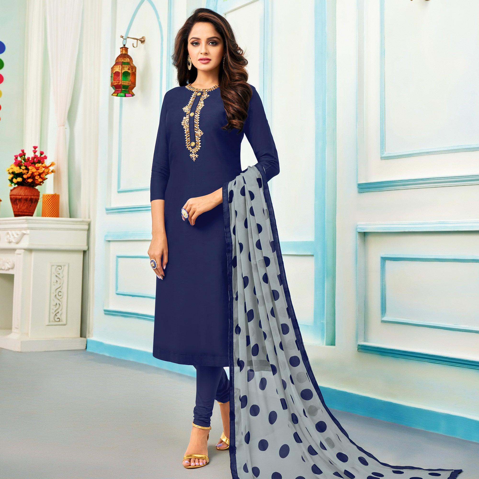 Majesty Blue Colored Casual Wear Embroidered Chanderi Dress Material - Peachmode