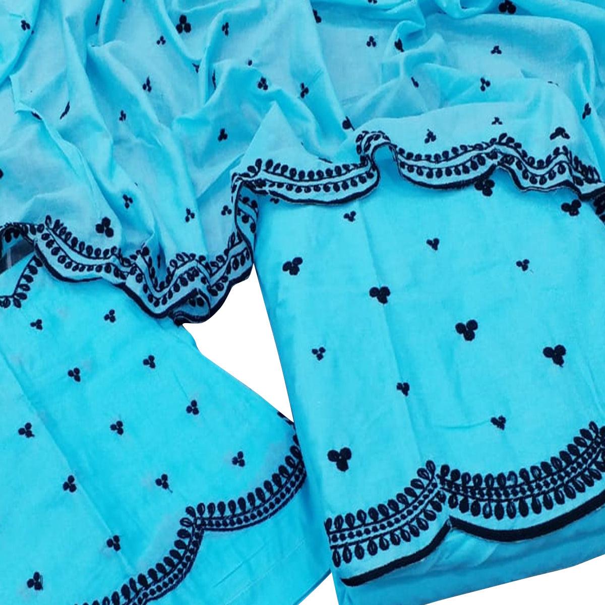 Majesty Blue Colored Casual Wear Embroidered Cotton Dress Material - Peachmode