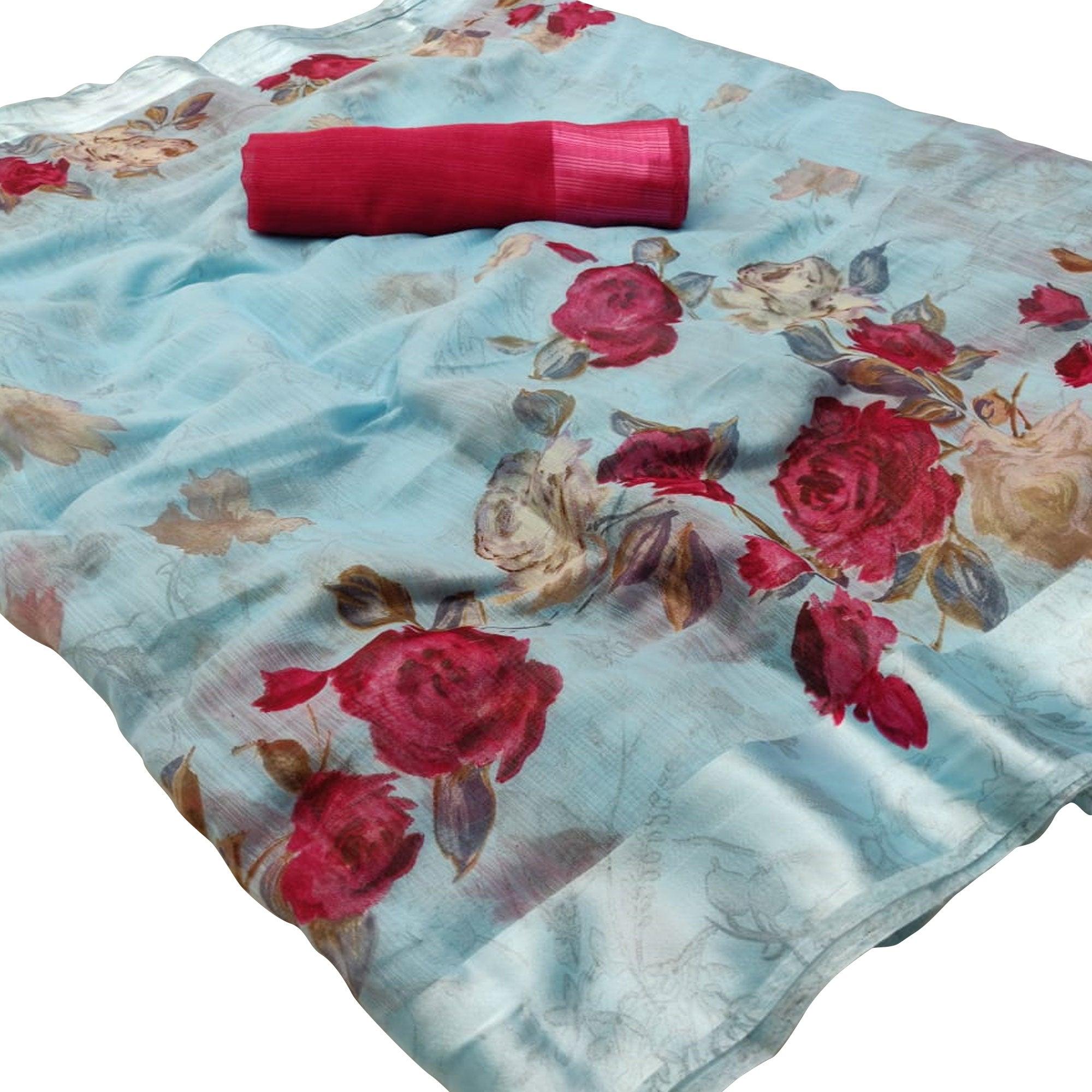 Majesty Blue Colored Casual Wear Floral Printed Linen Saree - Peachmode