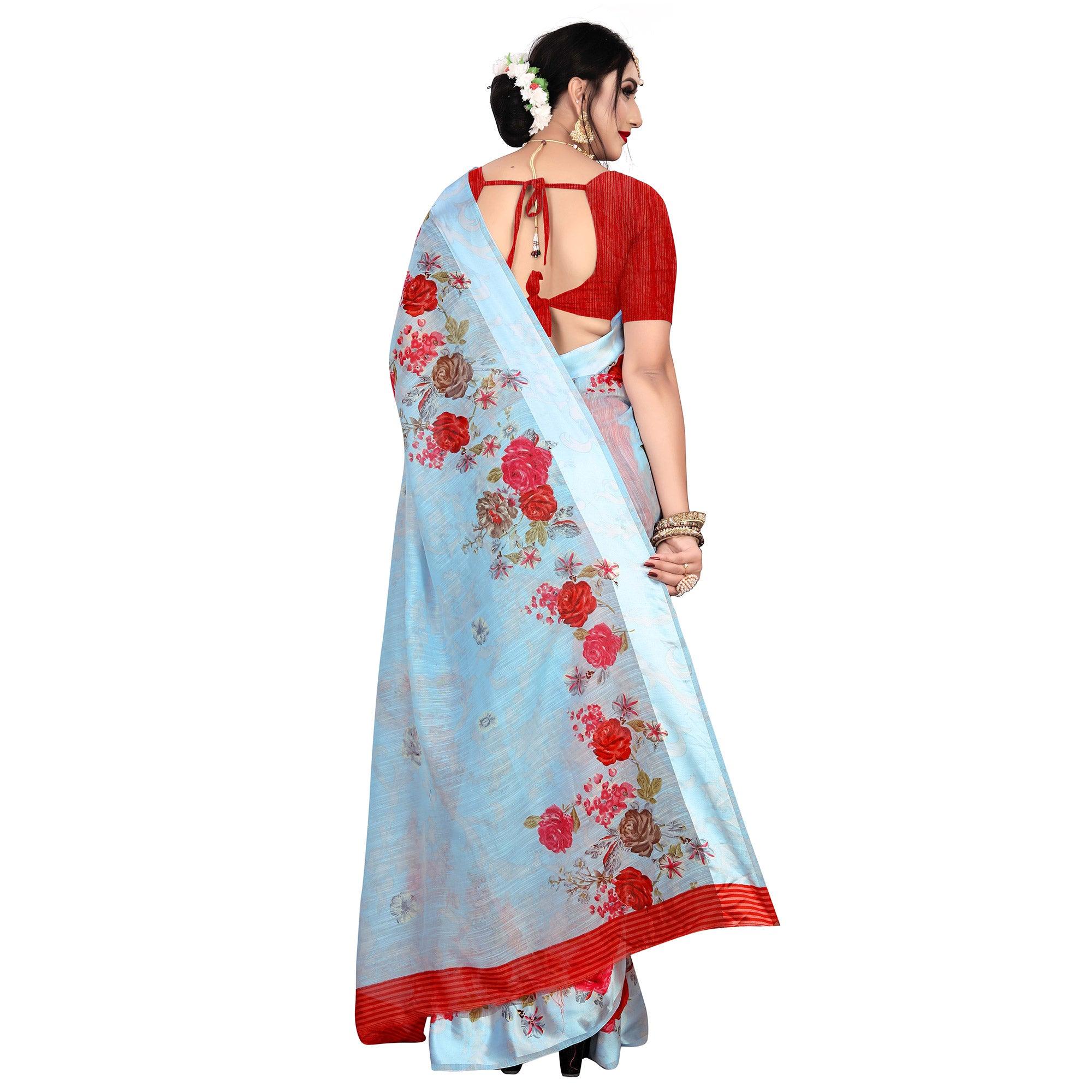 Majesty Blue Colored Casual Wear Floral Printed Linen Saree - Peachmode