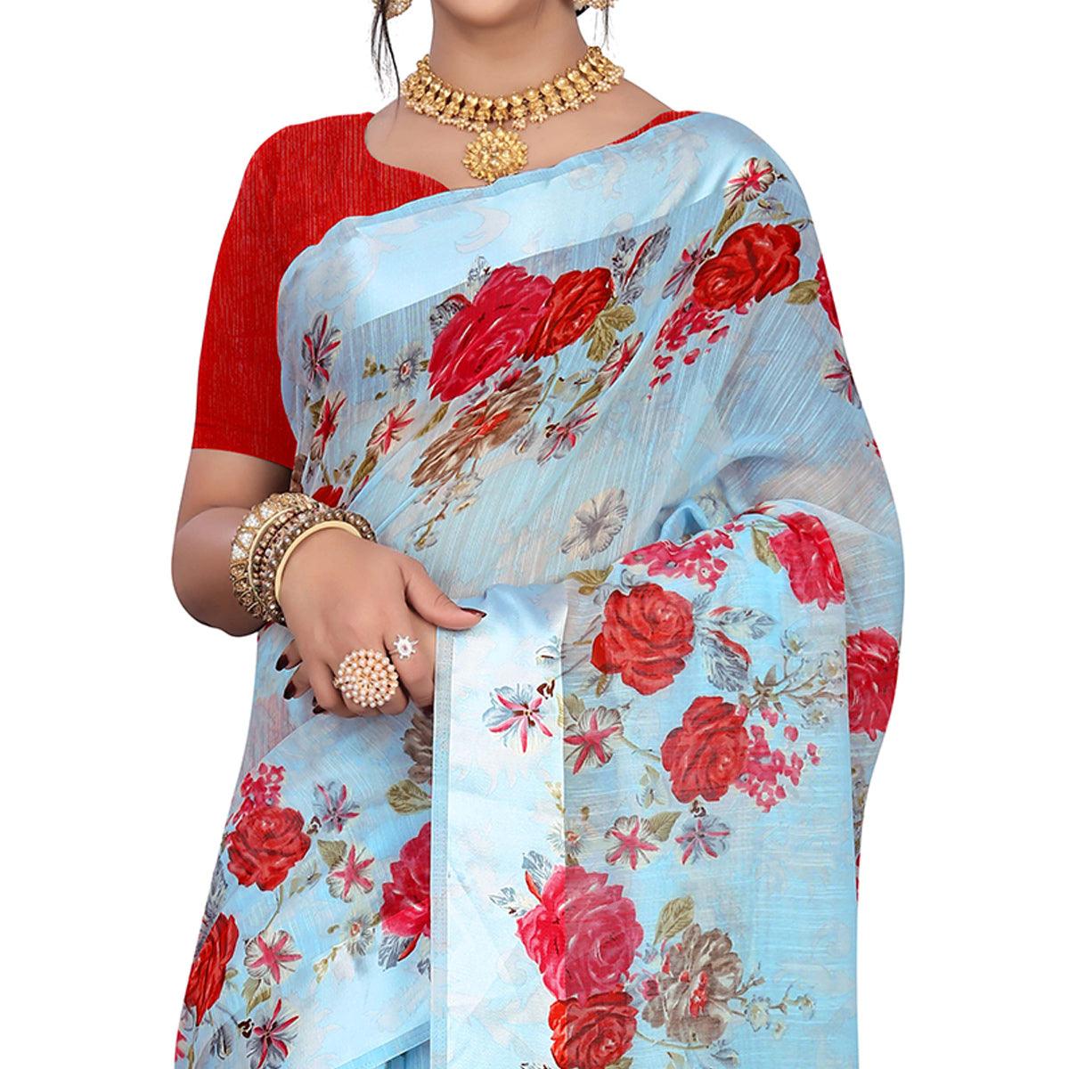 Majesty Blue Colored Casual Wear Floral Printed Linen Saree - Peachmode