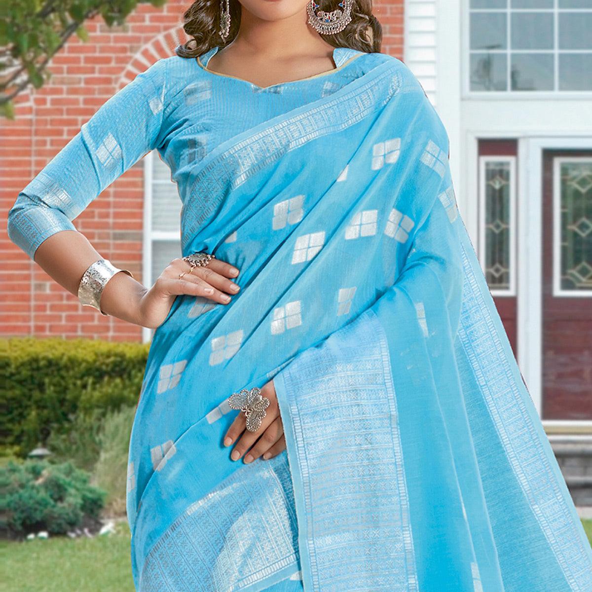 Majesty Blue Colored Festive Wear Woven Linen Cotton Sareee - Peachmode