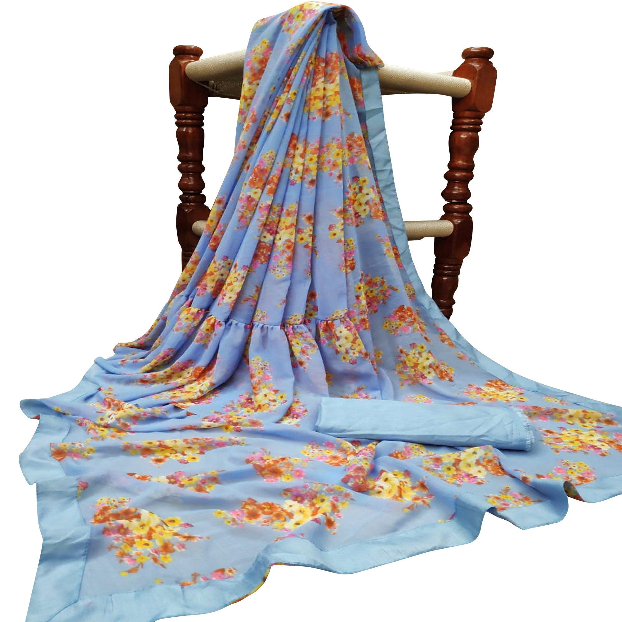 Majesty Blue Colored Partywear Printed Georgette Saree - Peachmode