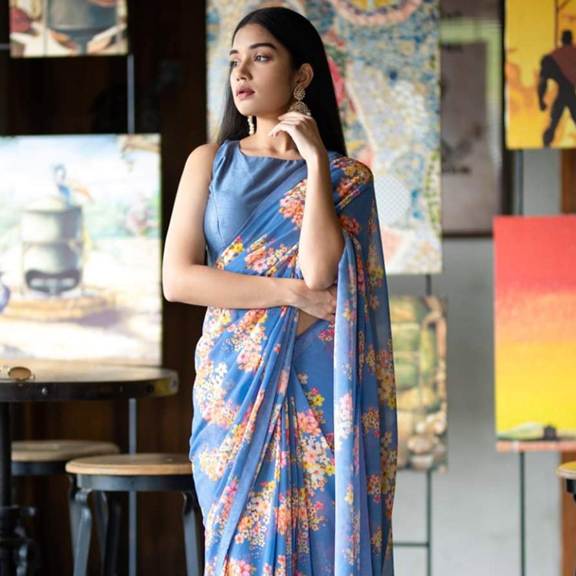 Majesty Blue Colored Partywear Printed Georgette Saree - Peachmode