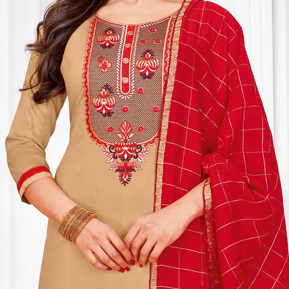 Majesty BurlyWood Colored Partywear Designer Embroidery Cotton Salwar Suit - Peachmode