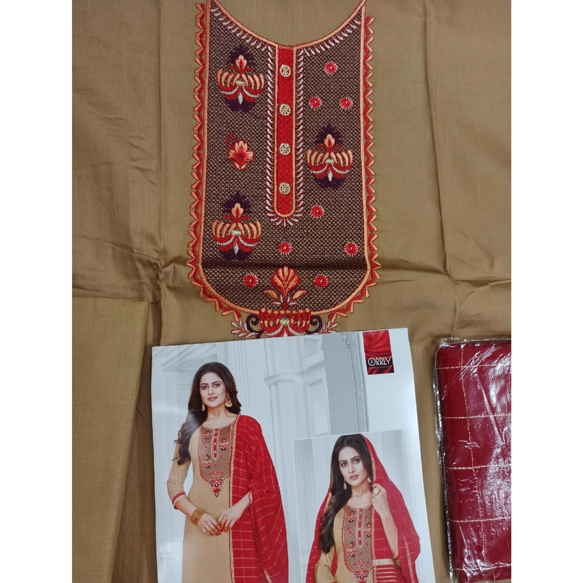 Majesty BurlyWood Colored Partywear Designer Embroidery Cotton Salwar Suit - Peachmode