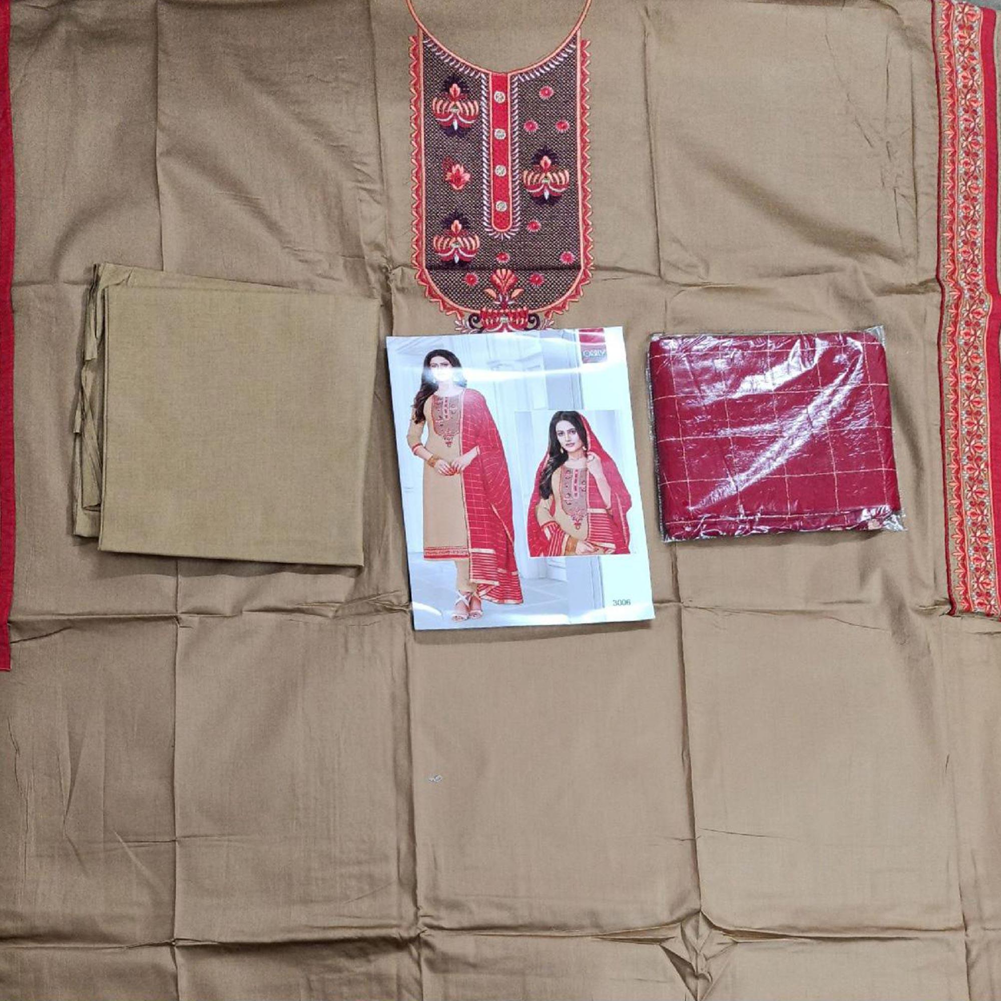 Majesty BurlyWood Colored Partywear Designer Embroidery Cotton Salwar Suit - Peachmode