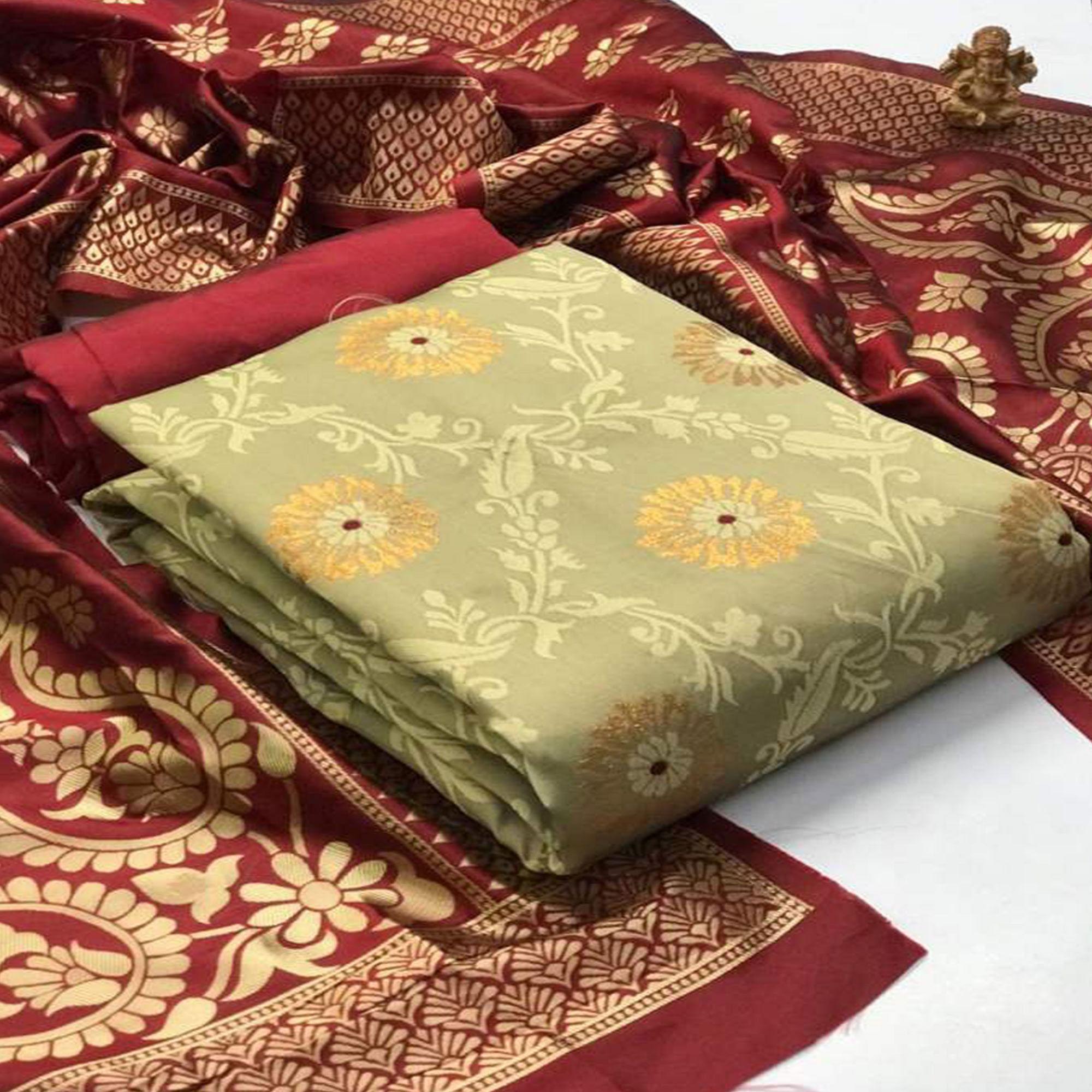 Majesty Chiku Colored Casual Wear Banarasi Silk Dress Material - Peachmode