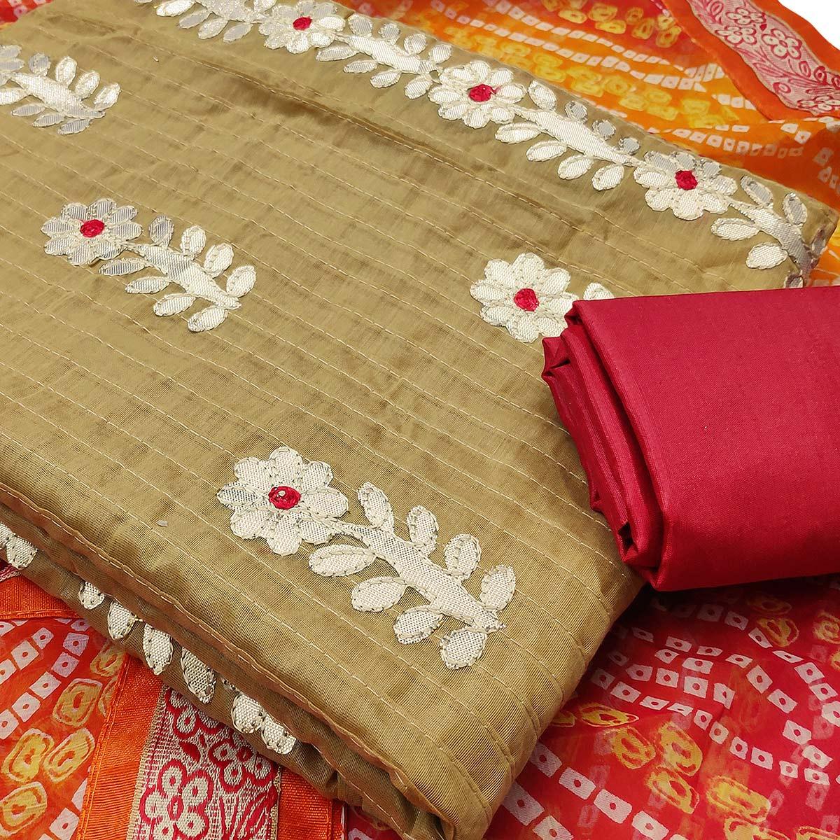 Majesty Chiku Colored Casual Wear Embroidered Cotton Dress Material With Bandhani Dupatta - Peachmode