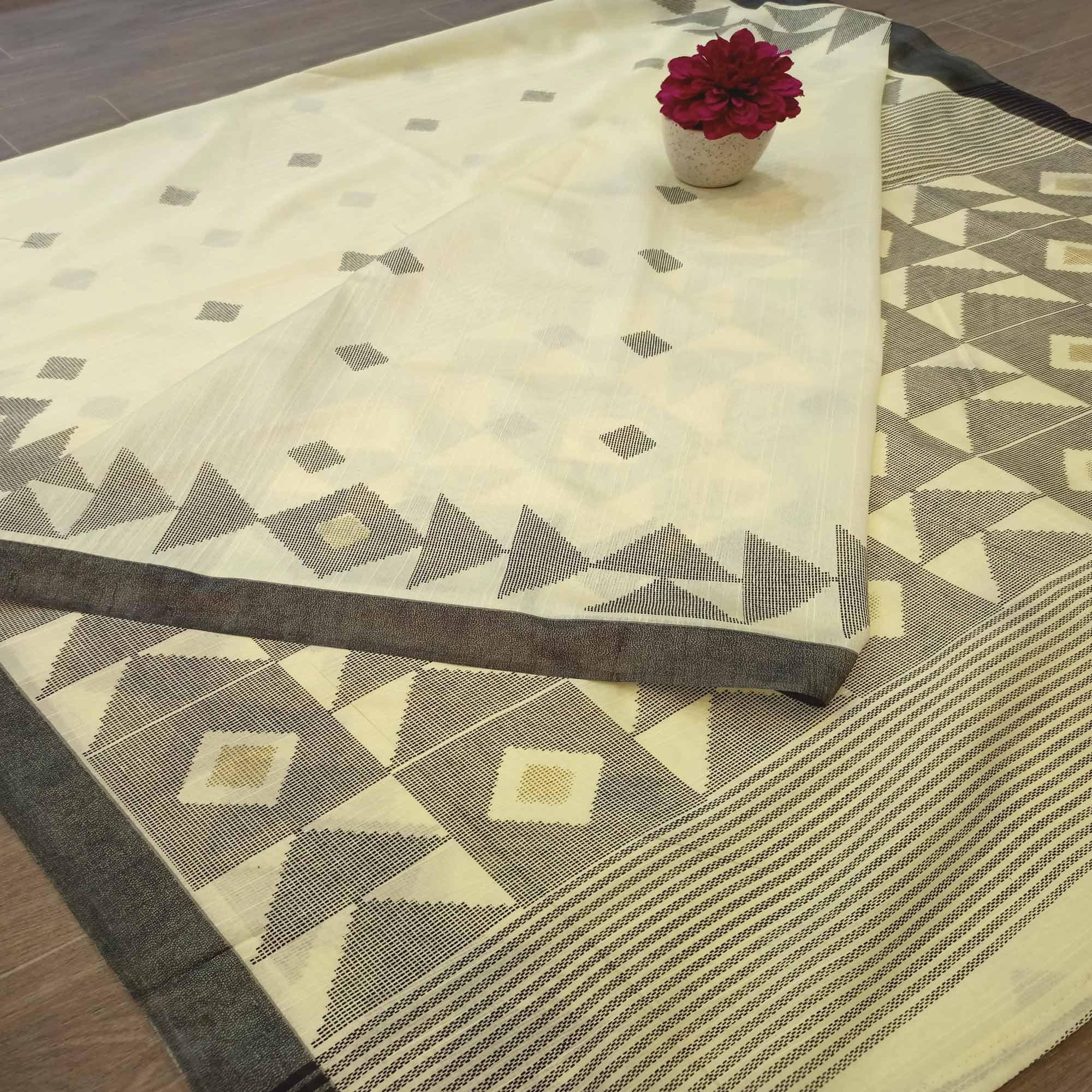 Majesty Cream Colored Casual Wear Printed Bhagalpuri Silk Saree - Peachmode