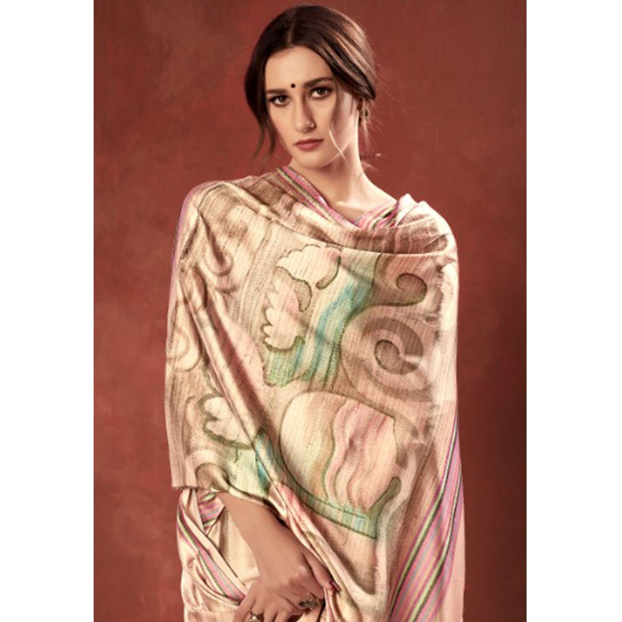 Majesty Cream Colored Casual Wear Printed Satin Crepe Saree With Tassels - Peachmode