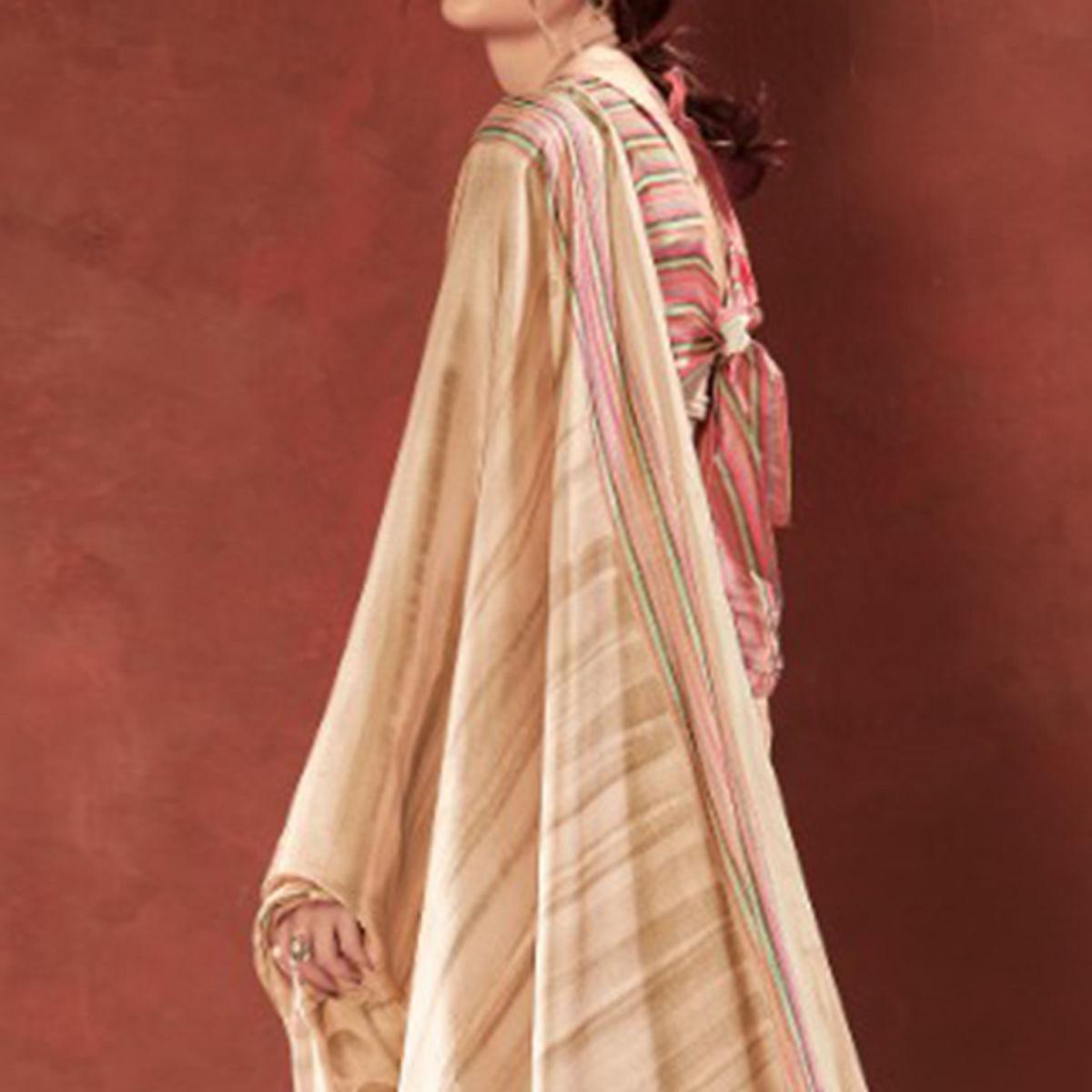 Majesty Cream Colored Casual Wear Printed Satin Crepe Saree With Tassels - Peachmode