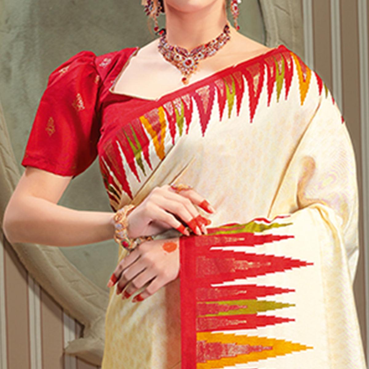 Majesty Cream Colored Festive Wear Patola Silk saree - Peachmode