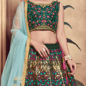 Majesty Dark Green Colored Party Wear Embroidered Silk Lehenga Choli - Peachmode