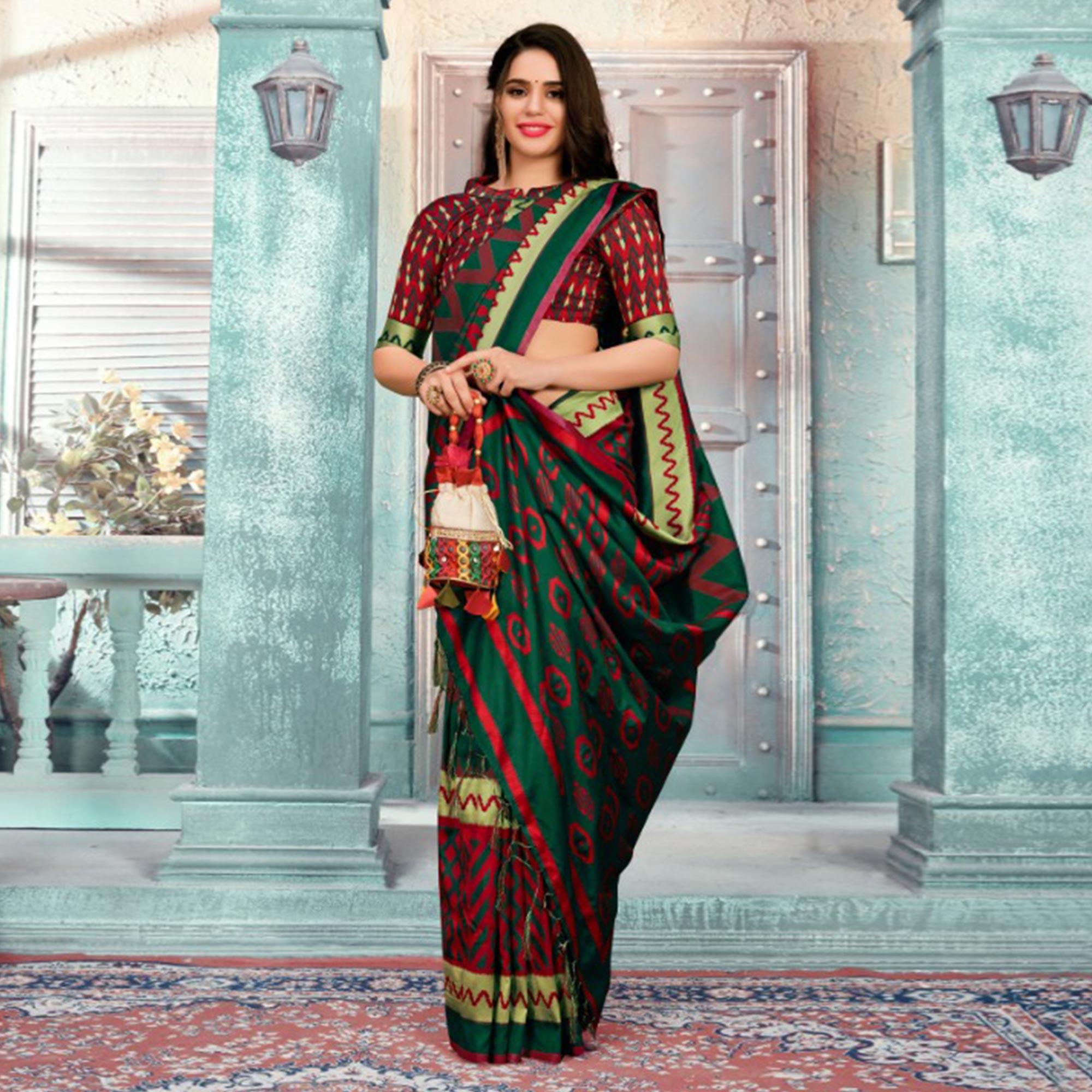 Majesty Green Colored Festive Wear Printed Cotton Silk Saree With Tassels - Peachmode