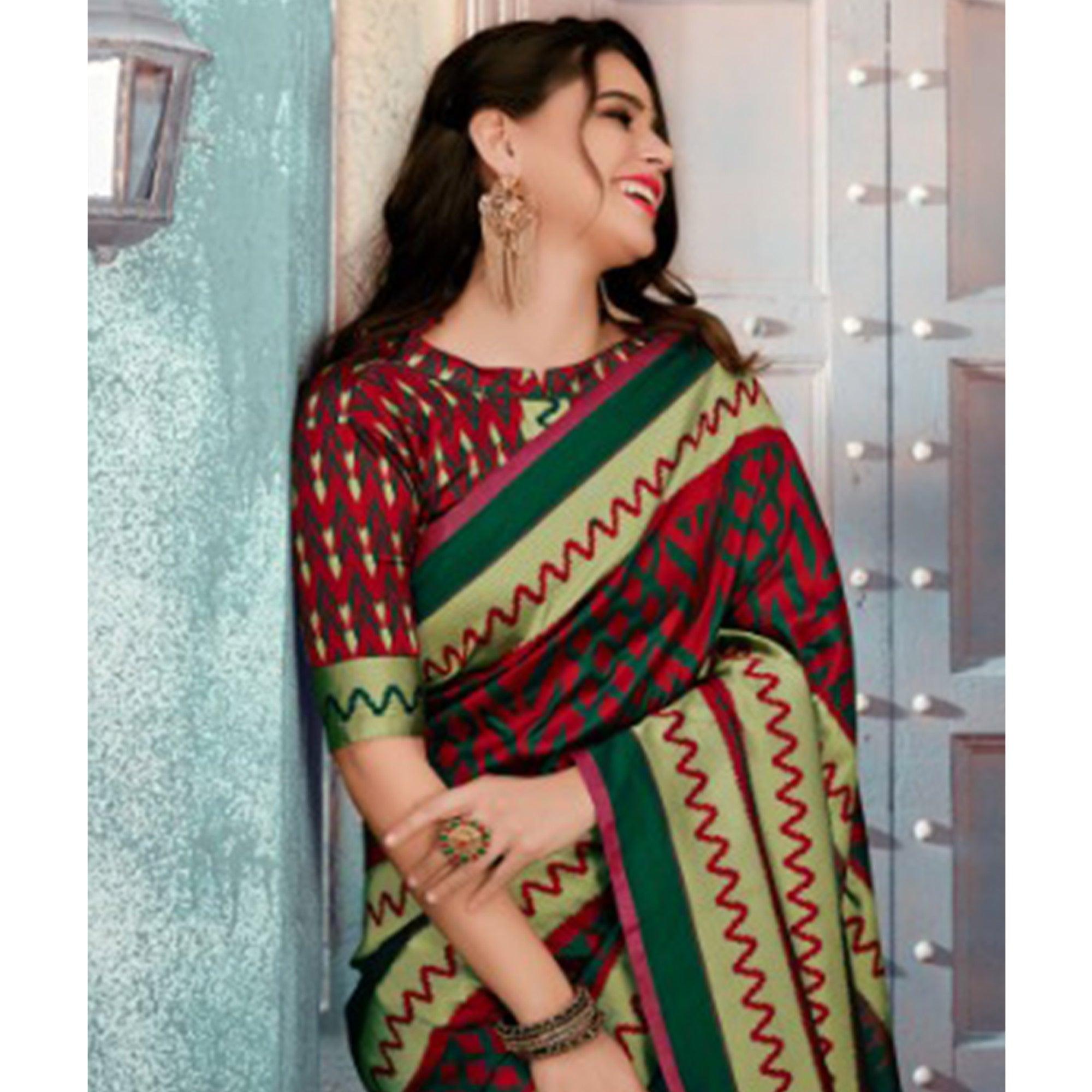 Majesty Green Colored Festive Wear Printed Cotton Silk Saree With Tassels - Peachmode